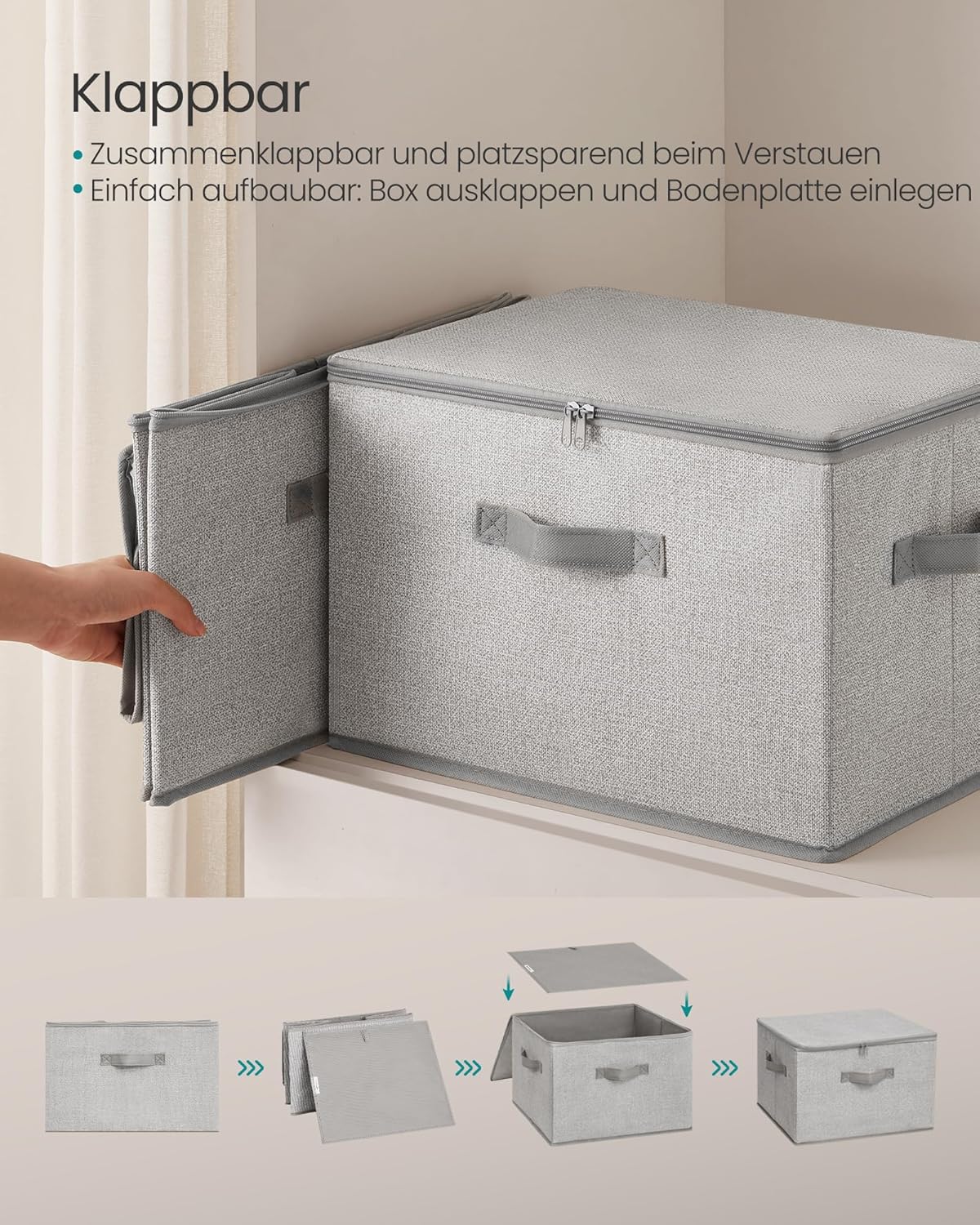 SONGMICS Aufbewahrungsbox mit Deckel, faltbare Stoffbox mit Griffen, Aufbewahrung für Kleidung, Vliesstoff, 6er-Set, 40 x 30 x 25 cm, Taubengrau RZB003W02 – Bild 4
