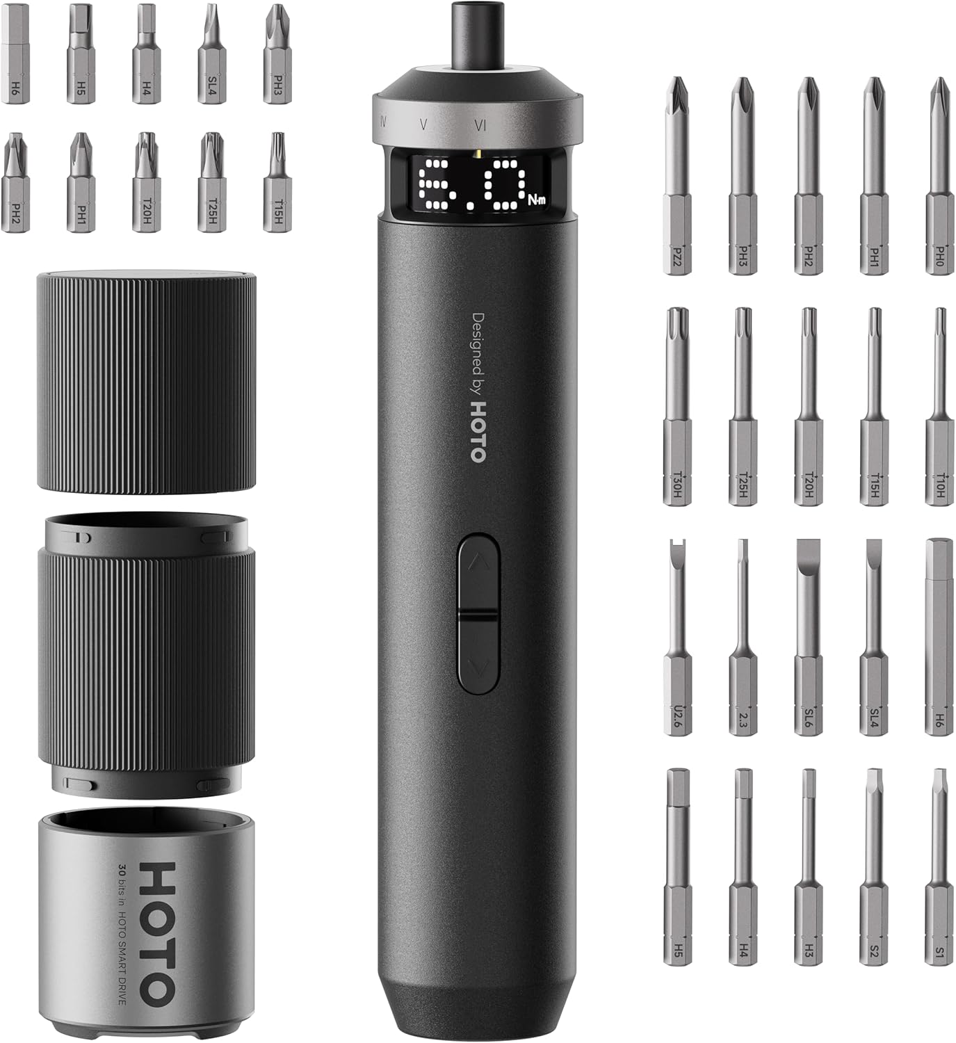 HOTO PixelDrive Elektro-Schraubendreher-Set, 30 Bits, USB-C | Akkuschrauber mit intelligenter Anzeige, 6 Drehmomenteinstellungen (0,5–6 Nm), 1/4 Zoll, ideal für Elektronik, Reparaturen zu Hause