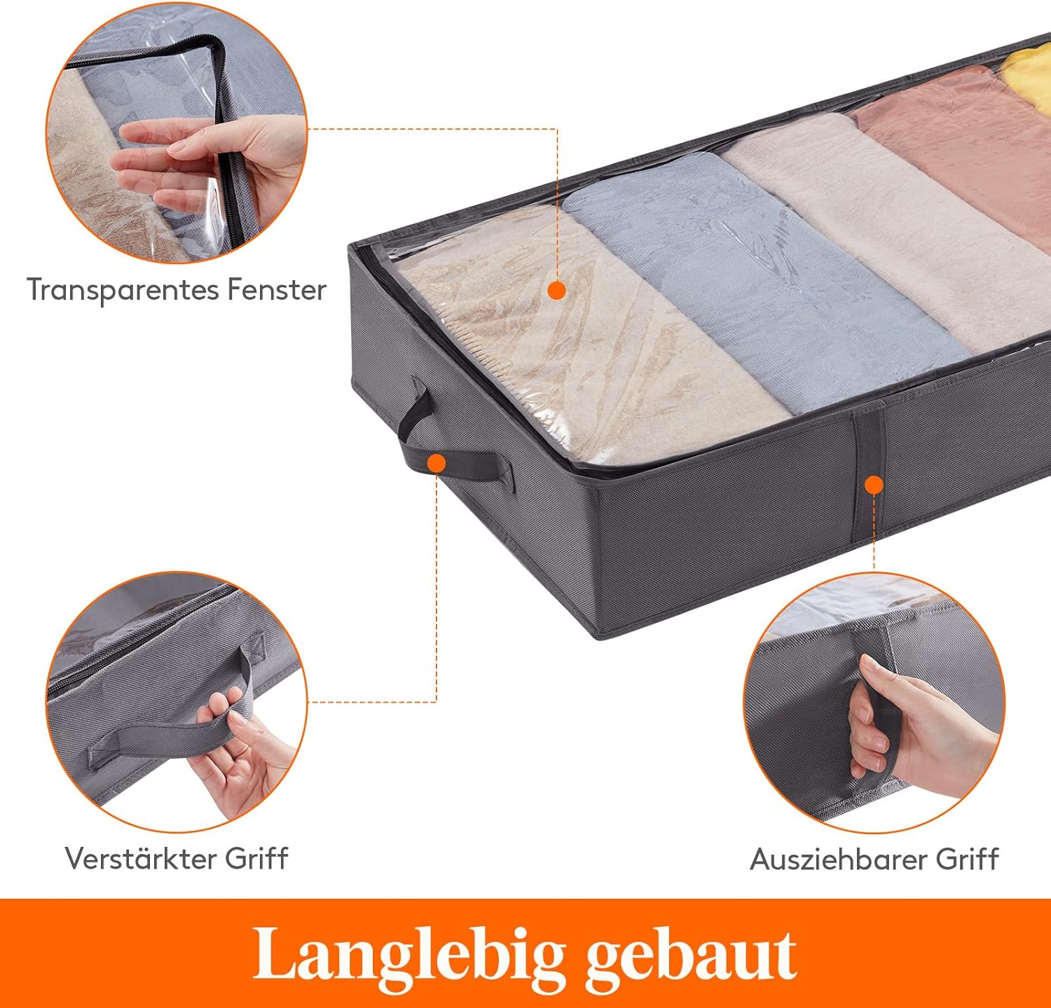 Lifewit Unterbett-Aufbewahrungsbox, Unterbett-Aufbewahrungstasche, faltbare Kleideraufbewahrungstasche mit Deckel für Bettdecken, Kleidung, Unterbett-Kleiderschrank, grau, 65 l, 2 Stück – Bild 5