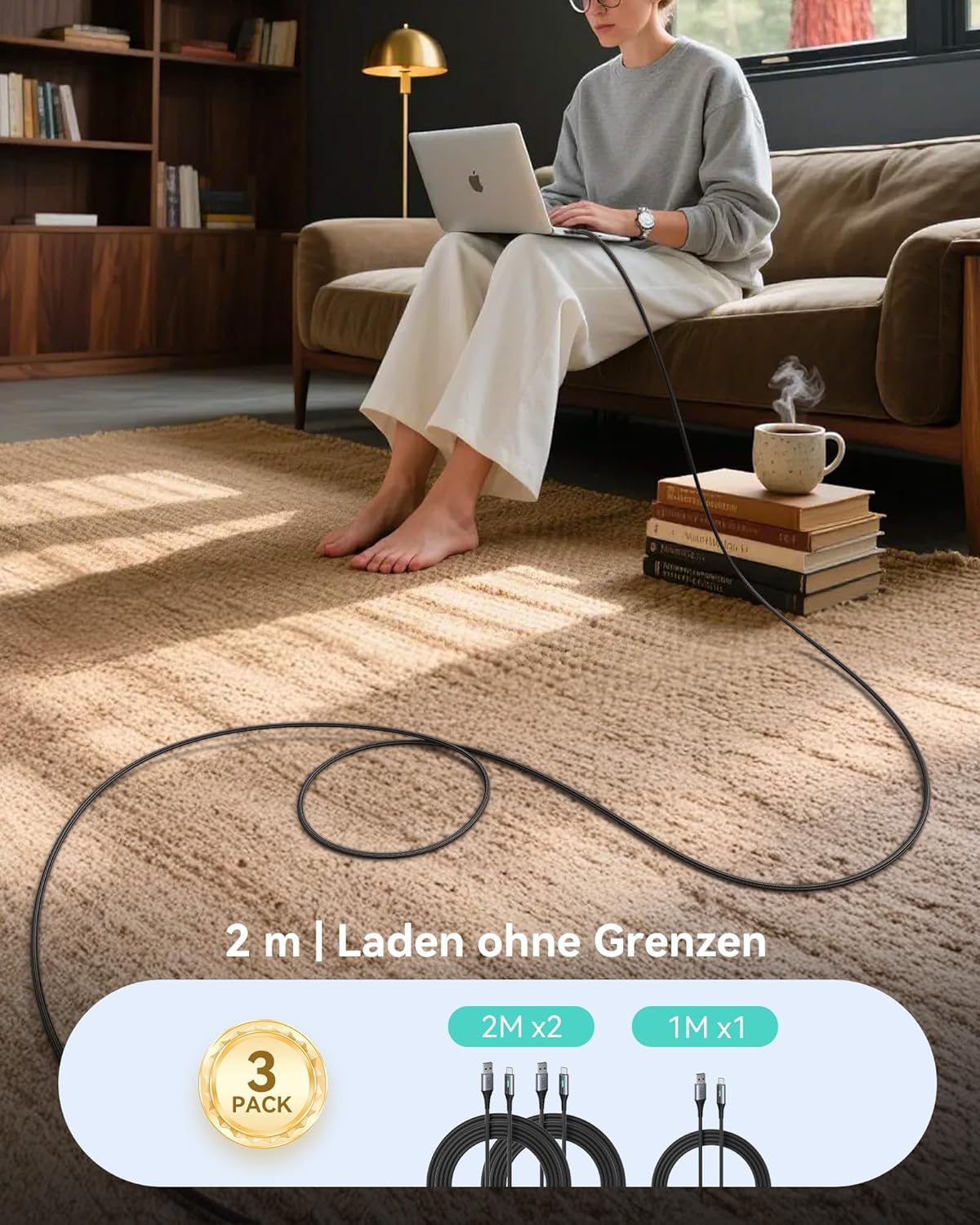 INIU USB auf USB C Kabel, (3 Stück 2 m/2 m/0,5 m), Laden USB-C Nylon Datenkabel, 3,1 A PD Schnellladekabel USB-C für Samsung Galaxy S22 S20 S10 iPhone 15 Huawei P30 Pixel 7 iPad Air Xiaomi PS5 – Bild 3