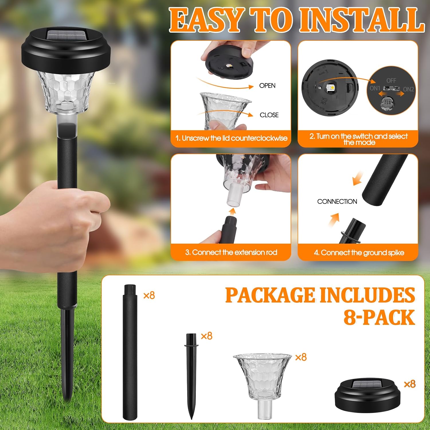 Akynite 8er-Pack Solarleuchten für den Garten im Freien, RGB-Farbwechsel und Warmweiß, IP65 wasserdichte Solarleuchten, automatisches Ein-/Ausschalten, LED-Gartenlampe, Solar-Wegeleuchten für die Gartendekoration im Freien, Hofwege – Bild 8