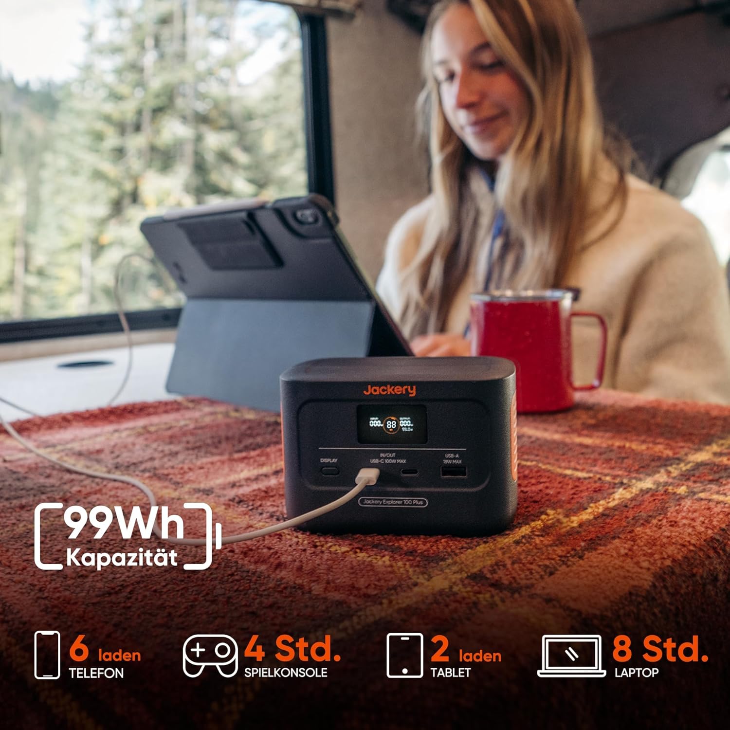 Jackery Explorer 100 Plus tragbares Kraftwerk, 99 Wh LiFePO4-Akku, Schnellladung, 3-Port 128 W tragbare Backup-Batterie für Reisenotfälle – Bild 4