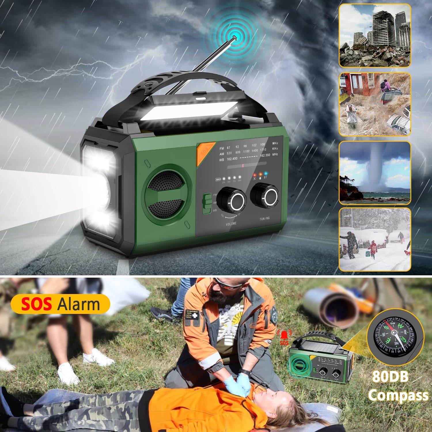27000 mAh Notfallradio mit Kurbel, Solar-, Batterie- und USB-betrieben, tragbares AM/FM-Wetterradio mit Bluetooth/Kopfhöreranschluss/Leselampe/Taschenlampe/Kompass/SOS-Alarm für Camping im Freien – Bild 3
