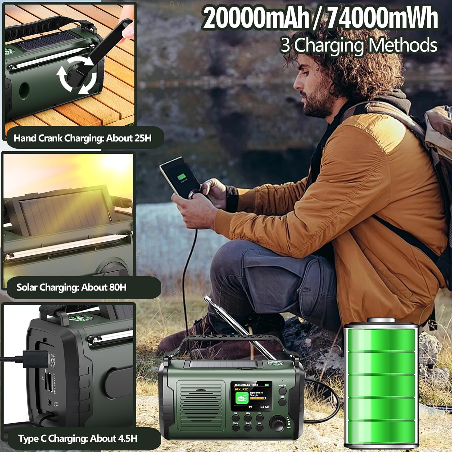 20000 mAh Kurbelradio mit Handy-Ladefunktion, Solar-DAB/DAB+/FM-Radio, 3 Lademethoden, 11 in 1 Bluetooth 5.3 tragbares Notfallradio mit Powerbank, SOS, Taschenlampe, Kompass, TF-Karte, Leselampe – Bild 2