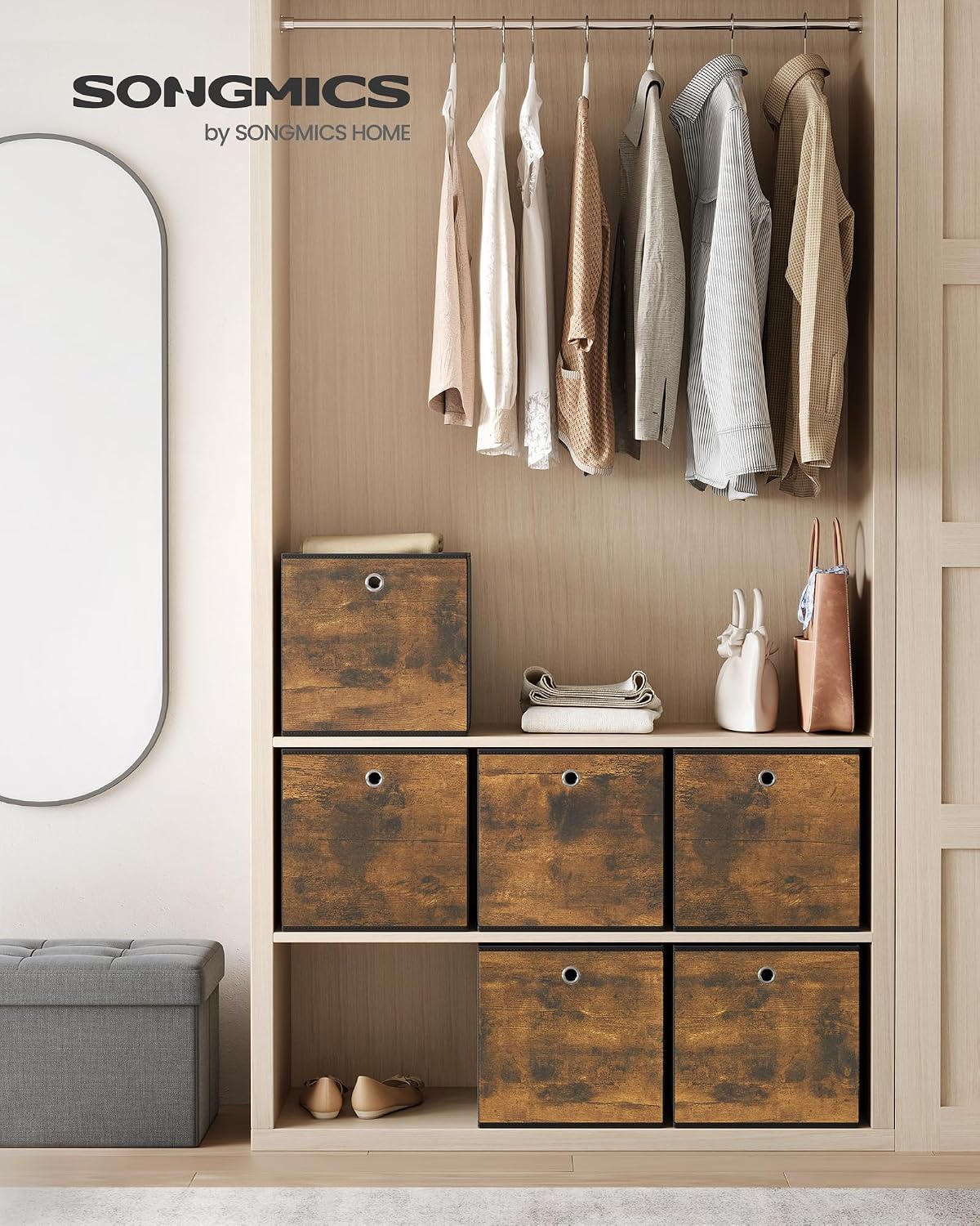 SONGMICS Aufbewahrungsboxen, 6er-Set, Oxford-Stoff, Faltbox, 33 x 33 x 33 cm, Stoffbox, für Würfelregal, Organizer für Kleidung, Vintage Braun/Schwarz, RFB133B01 | Fit Cube faltbare Aufbewahrungseinheit, 33 x 33 x 33 cm, Rustikales Braun und Schwarz, RFB133B01 – Bild 2