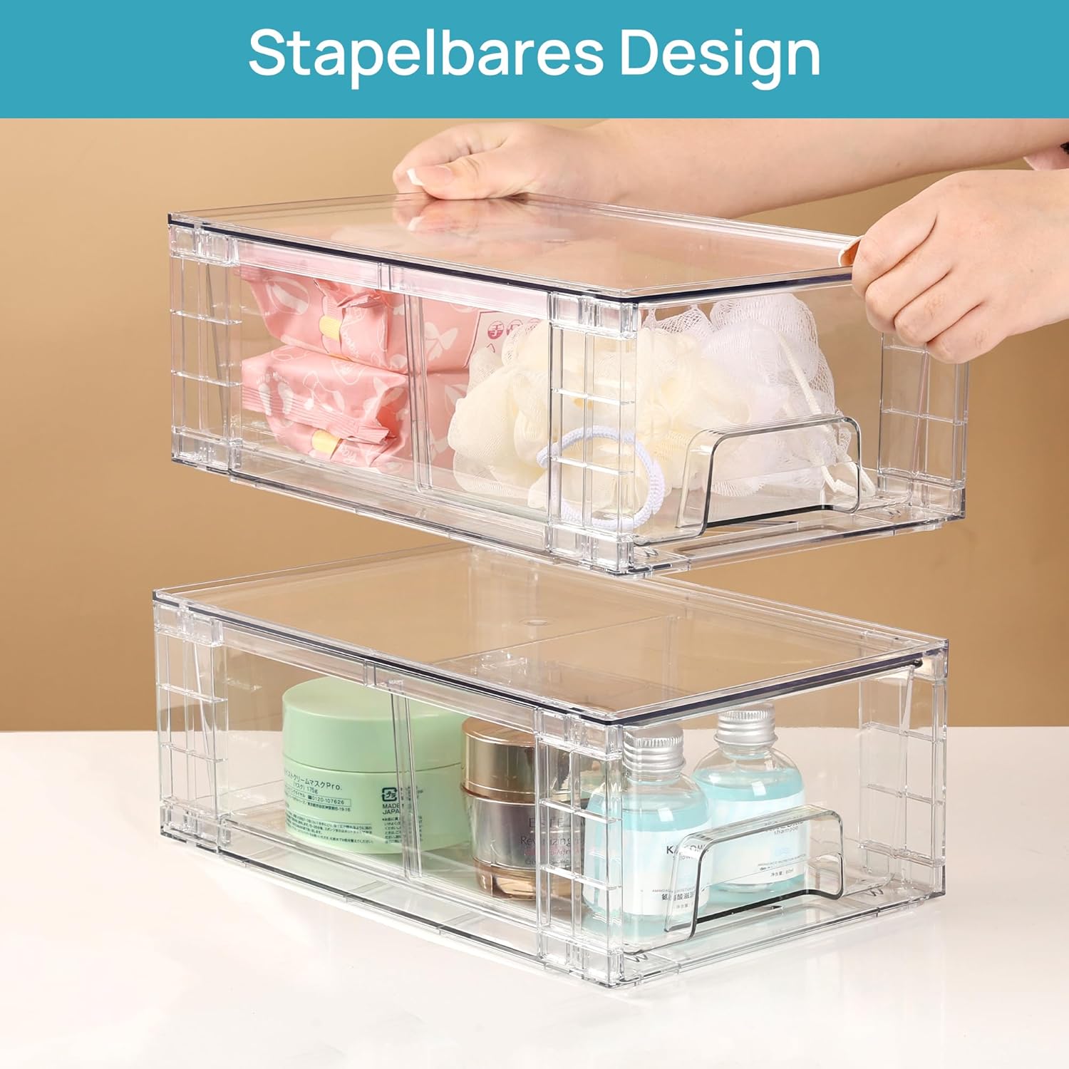 Vtopmart 4 Stück stapelbare Aufbewahrungsschubladen, transparente Acryl-Schubladen-Organizer mit Griffen, Aufbewahrungs-Organizer für Kühlschrank, Badezimmer, Schrank, Speisekammer, Acryl – Bild 4