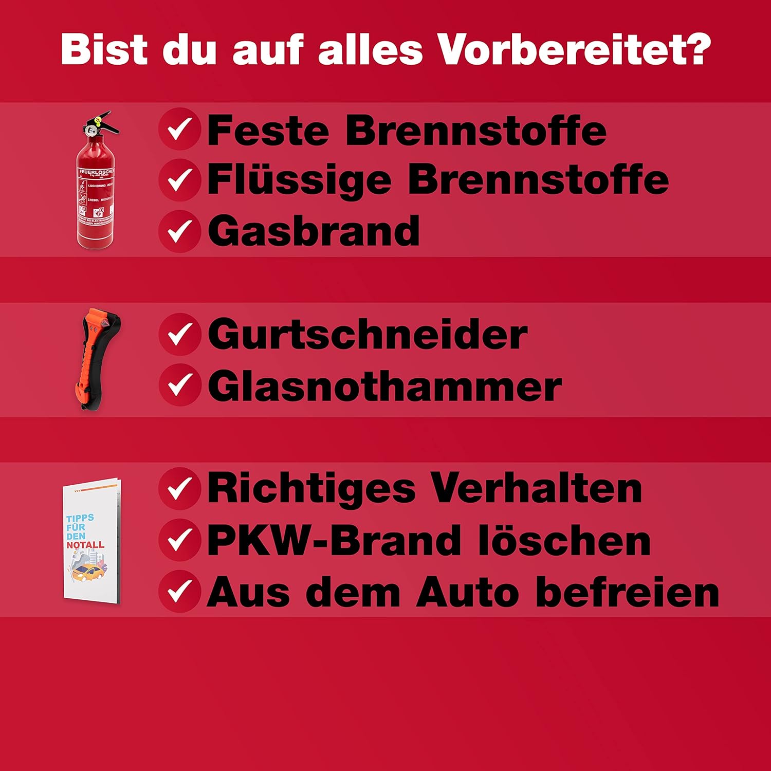 Feuerlöscher Auto 1 kg + Nothammer Auto mit Gurtschneider (inklusive Notfallkarte) – Strenge Qualitätssicherung – Nothammer, Auto-Feuerlöscher, Auto, klein – Bild 7