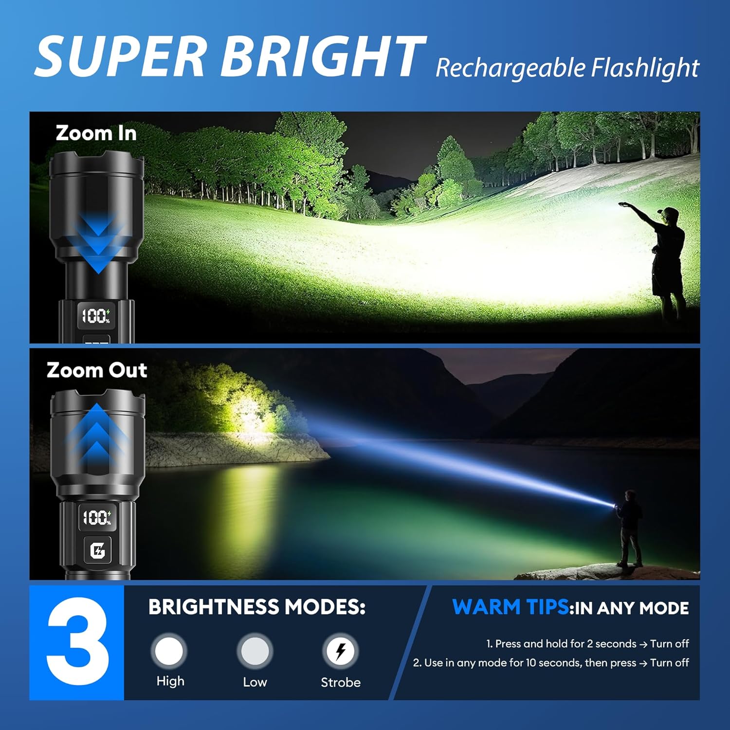 GEARLITE Taschenlampen LED wiederaufladbar, 6000 LM LED-Taschenlampe extrem hell mit 3 Modi, IP65 wasserdicht, Handlampe zoombar für Camping, Wandern, Outdoor, 2 Stück – Bild 4