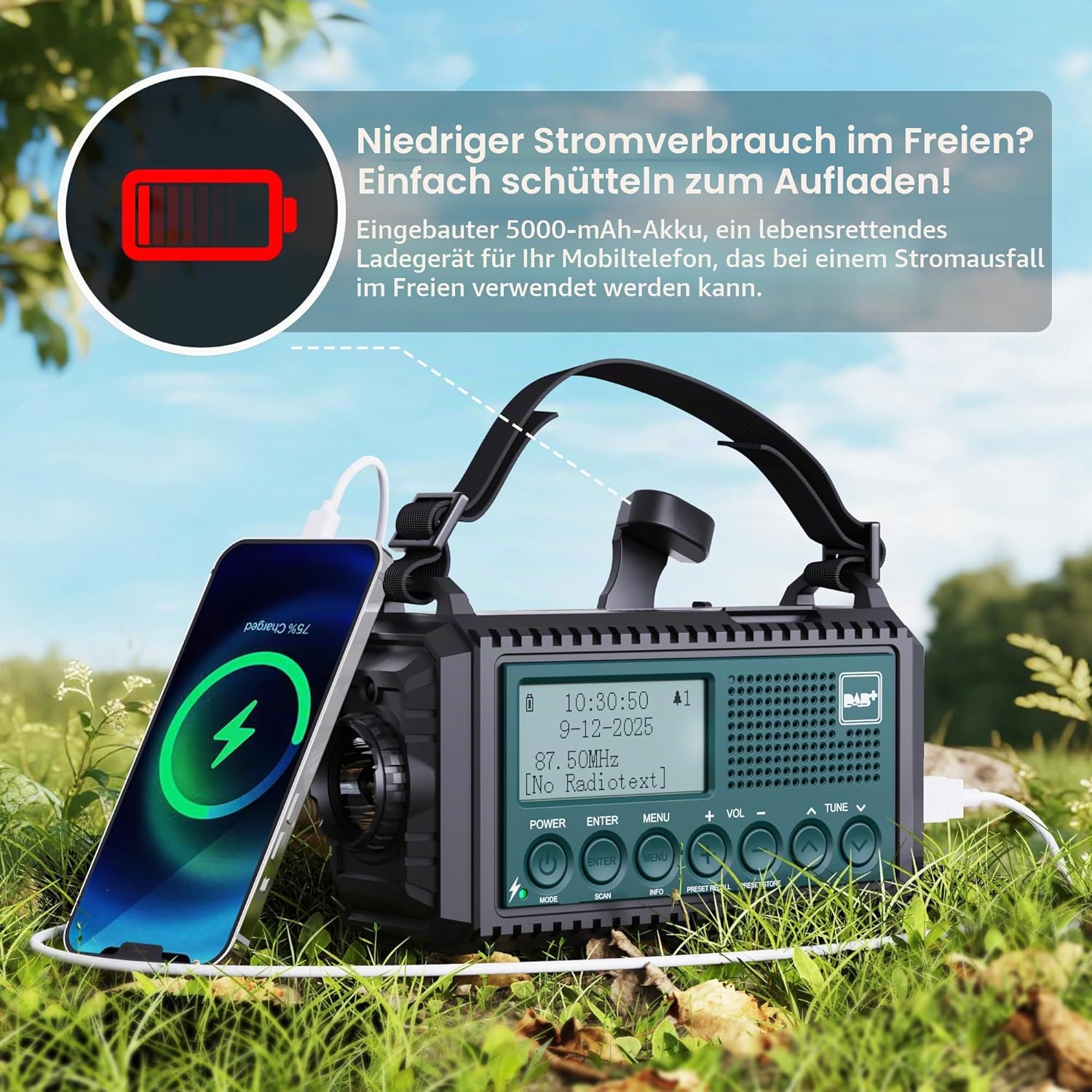 Kurbelradio DAB/DAB+/FM, Baustellenradio batteriebetrieben, tragbares Solar-Notfallradio mit 5000 mAh Akku, LED-Taschenlampe & Leselicht, IPX4, SOS-Alarm für Outdoor, Camping – Bild 5