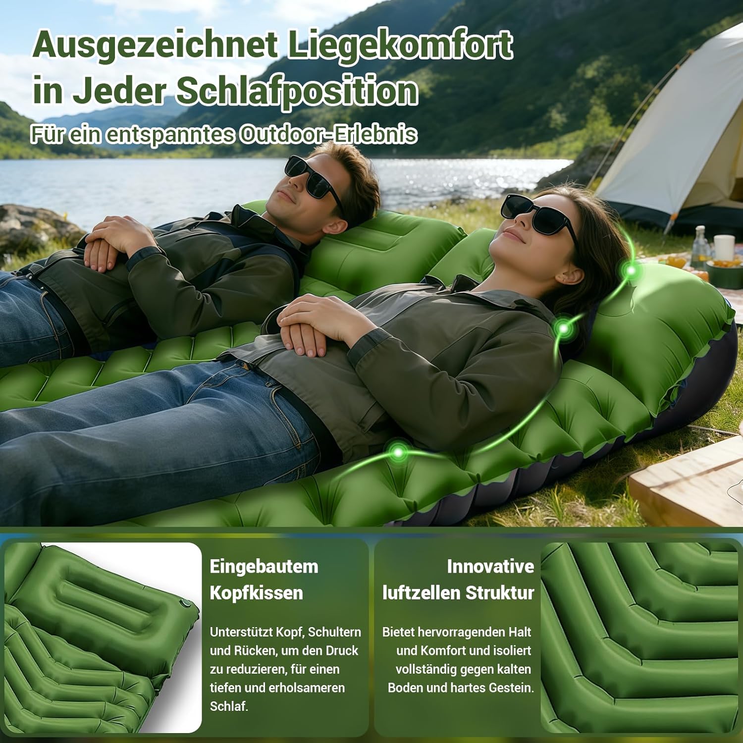 Isomatte, Camping-Luftmatratze, aufblasbare Matratze, für 2 Personen, ultraleicht, kompakt, dick, aufblasbare Isomatte, Strandmatte, Outdoor mit Fußpumpenkissen, wasserdichte Doppel-Isomatte – Bild 5
