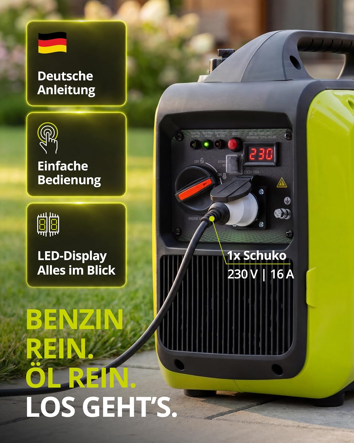 K&S BASIC 20i S Inverter-Generator, 2000 W, Notstromgenerator, Benzingenerator, 230 V, reiner Sinuswellen-Stromgenerator mit Eco-Modus, LED-Anzeige, 1,8 kW Nennleistung, tragbar, für Camping, Zuhause – Bild 3