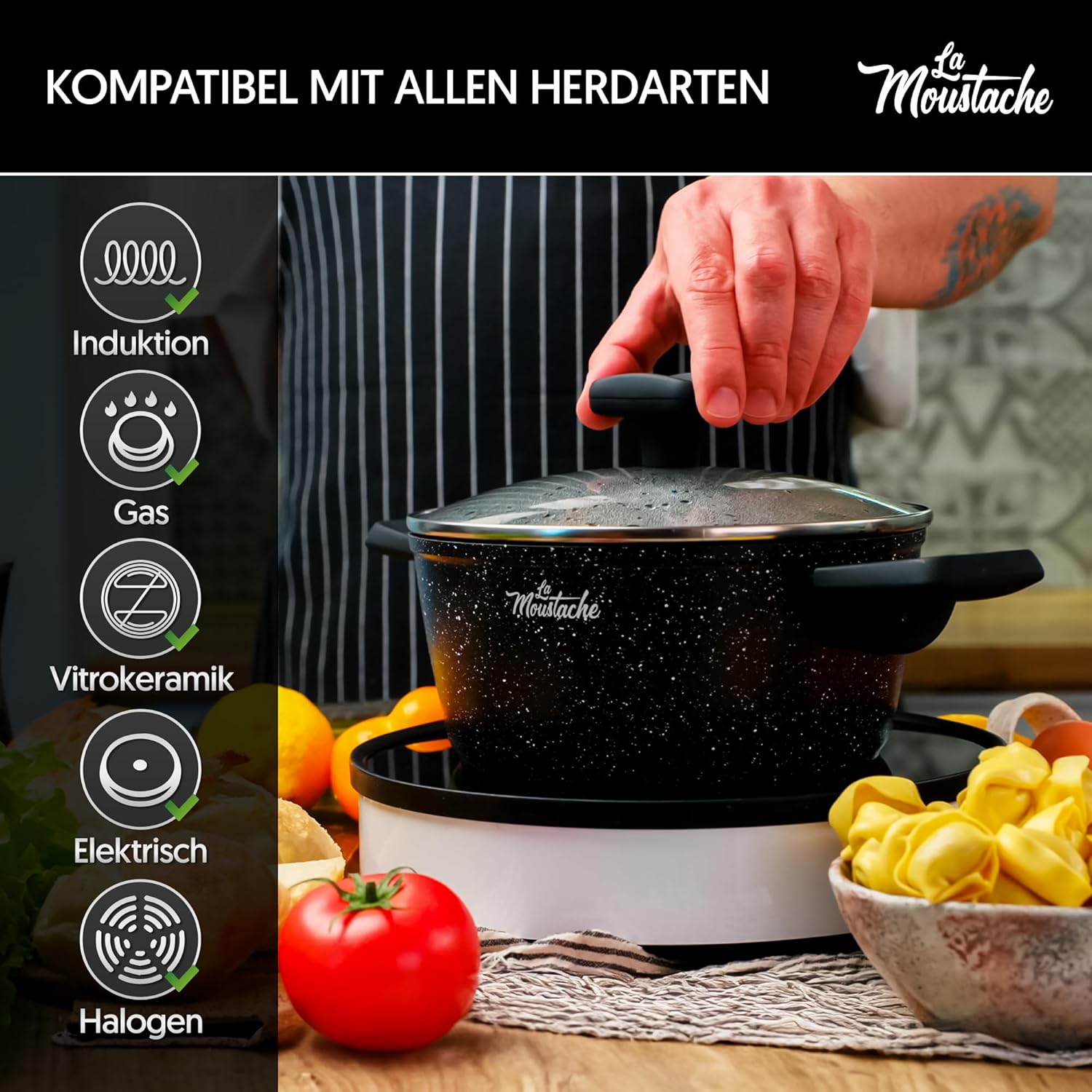 La Mustache – 8-teiliges Aluminium-Kochgeschirr-Set mit E-Book, Antihaftbeschichtung, 3 Töpfen, 3 Glasdeckeln und 2 Bratpfannen für alle Herdarten einschließlich Induktion, PFOA/PFOS-frei (Onix) – Bild 5