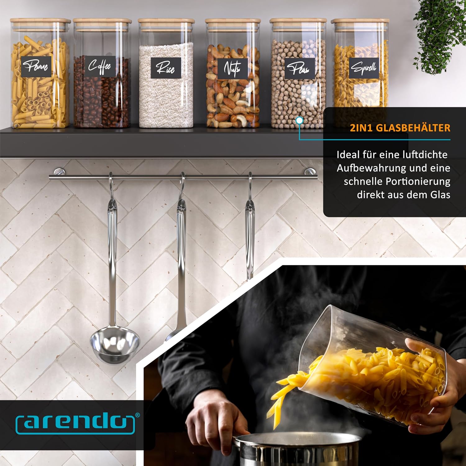 Arendo – Vorratsdosen mit Deckel – 6er-Set – Glasbehälter – hitzebeständig – Vorratsdosen mit Bambusdeckel – luftdicht – für Getreide, Zucker, Mehl, Kaffee, Reis – Bild 6