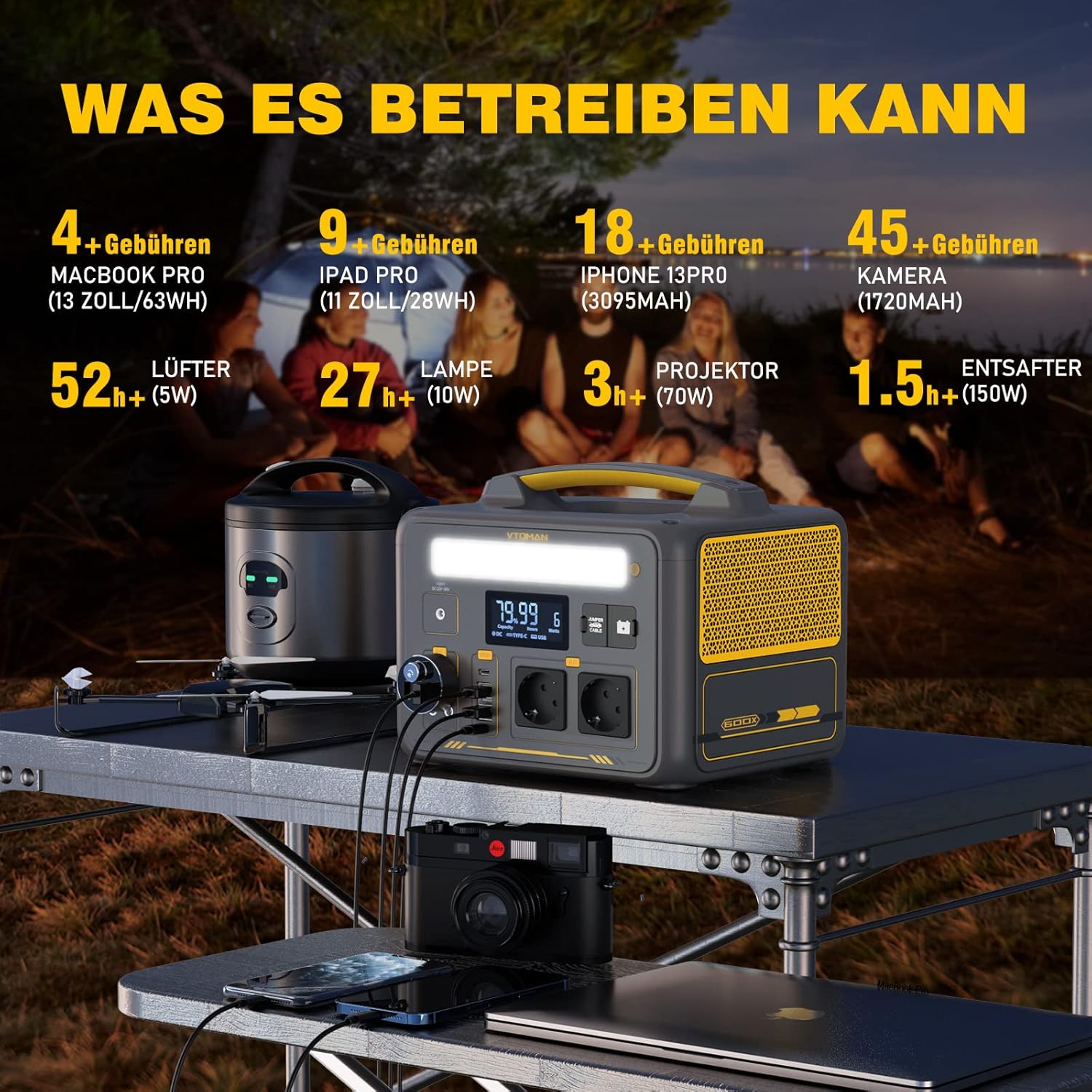 VTOMAN Jump 600X Tragbares Kraftwerk 600 W – 299 Wh Solargenerator LiFePO4 Batterie Stromerzeuger mobil mit 2 x 600 W (1200 W Spitze), erweiterbare Kapazität für Garten, Camping, Wohnmobil, Notfall – Bild 6