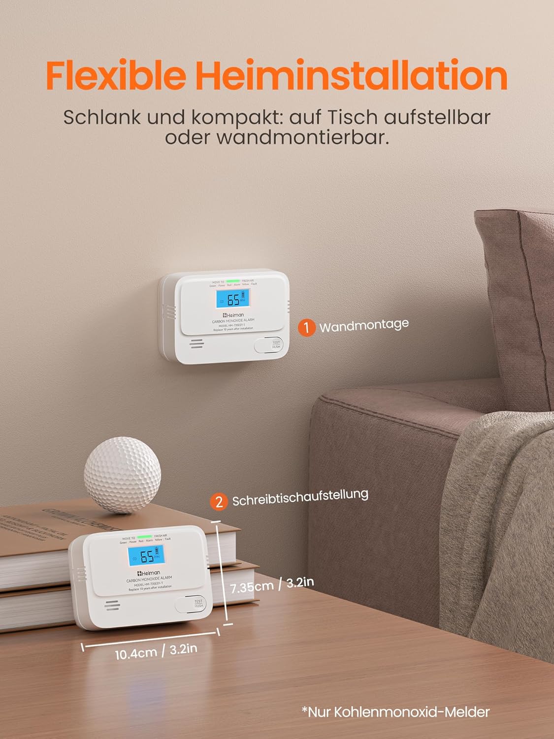 Heiman Kohlenmonoxidmelder, 10 Jahre Batterielebensdauer, CO-Melder für Zuhause mit digitalem LCD-Display, CO-Alarm, BSI-geprüft, EN 50291-Standard – Bild 5