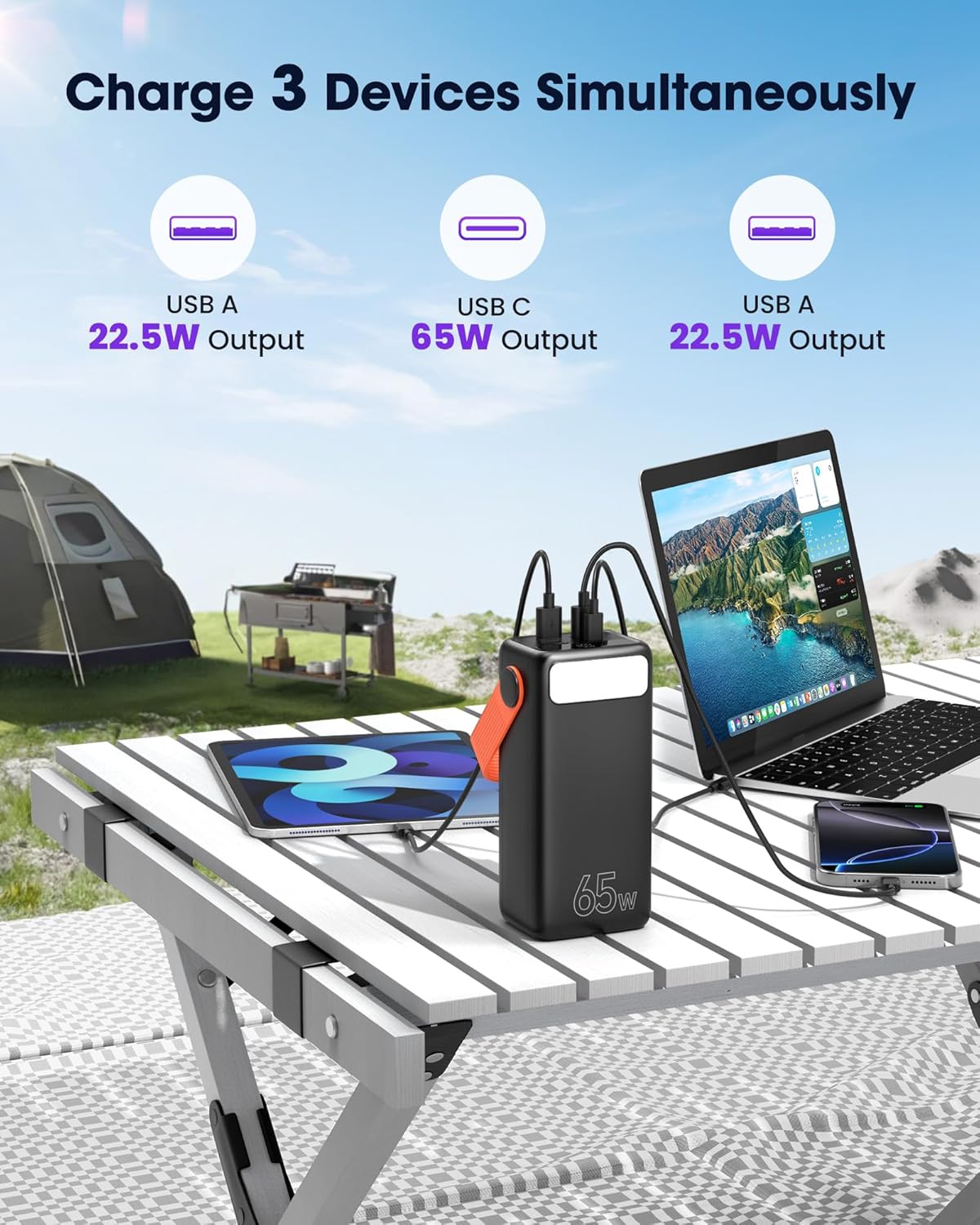 65W Powerbank 60000mAh große Kapazität, USB C Schnelllade-Powerbank, 3 Ausgänge, tragbare externe Handy-Kokosnuss für Camping, Outdoor, kompatibel mit Laptop, Smartphone, Tablet – Bild 6