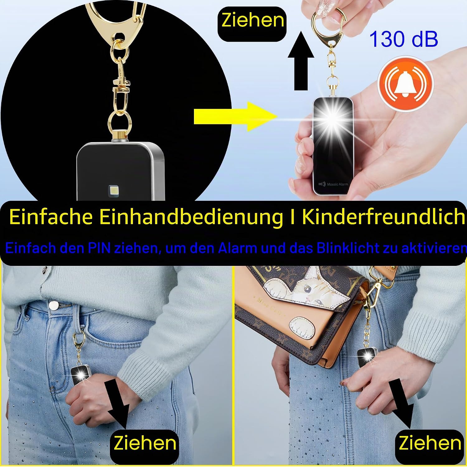 Regenfester Persönlicher Alarm Schlüsselanhänger, 130 dB SOS Sirene mit Blitzlicht, Ultraleicht & Stilvoll, Sicherheitsalarm für Kinder, Schüler, Wandern. Austauschbare Batterie, Schwarz – Bild 9