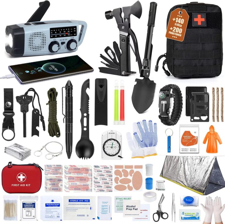 Gemmac Überlebensset mit Erste-Hilfe-Set, 140-in-1 militärische Outdoor-Ausrüstung mit Notfallradio, Erste-Hilfe-Set und Notfalltasche für Geschenke, Überlebenspaket für Auto/Camping/Rucksackreisen/Wandern/Jagd