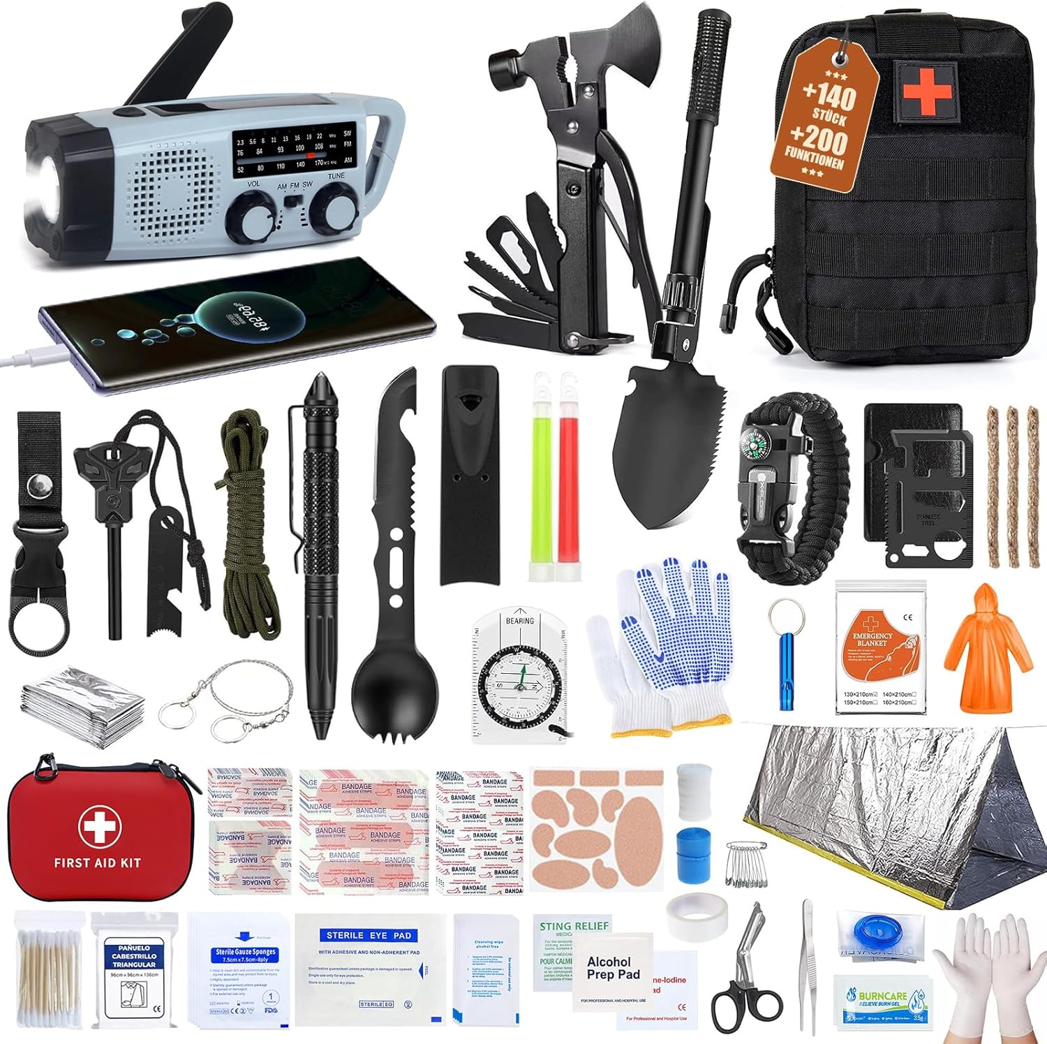 Gemmac Überlebensset mit Erste-Hilfe-Set, 140-in-1 militärische Outdoor-Ausrüstung mit Notfallradio, Erste-Hilfe-Set und Notfalltasche für Geschenke, Überlebenspaket für Auto/Camping/Rucksackreisen/Wandern/Jagd