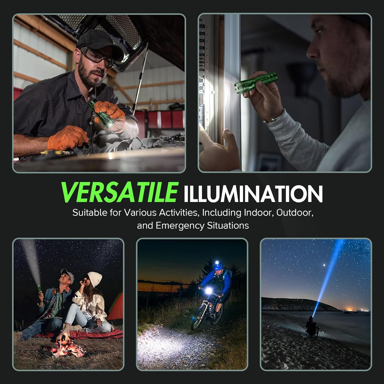 BUCASA Taschenlampe LED wiederaufladbar, 2000 Lumen, extrem helle LED-Taschenlampe mit 3 Modi, 2 Stück, zoombare Taschenlampen, Kinder, wasserdicht, lange Laufzeit, Taschenlampe für Camping, Notfälle (grün-grün) – Bild 7