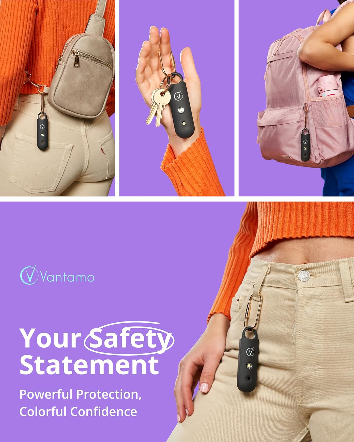 Vantamo Taschenalarm extra laut 130 dB mit 2 Lautsprechern für Selbstverteidigungsfrauen, helle Taschenlampe & Batteriewarnung, Alarm für Frauen unterwegs mit Schlüsselring – Bild 2