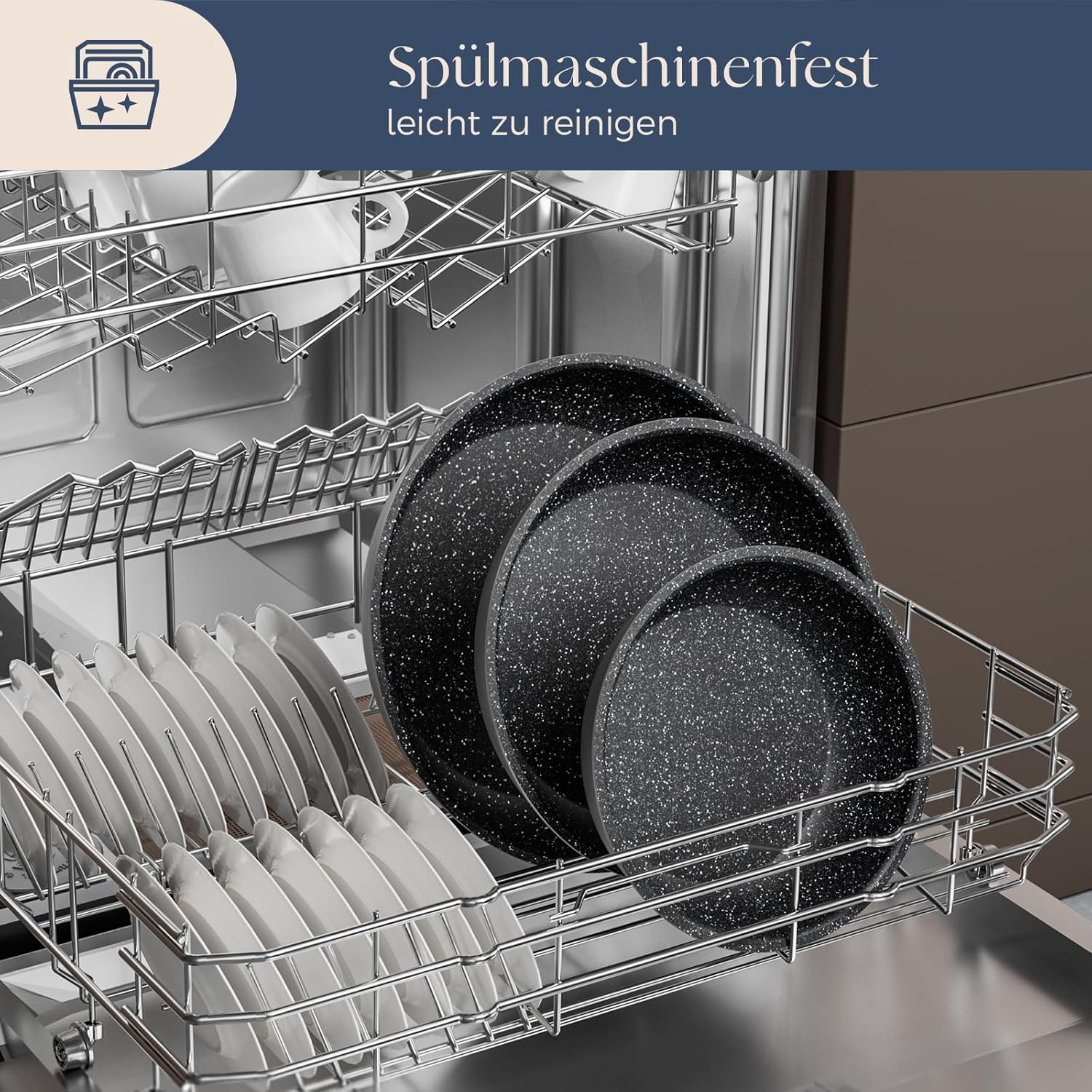 Pfannenset mit abnehmbarem Griff, Induktionspfannen, Bratpfanne mit Antihaftbeschichtung, 7-teiliges Set, 20 + 24 + 28 cm Platzsparpfannen, Pfannenset für alle Herdarten, Spülmaschinen, ofenfest (Grau) – Bild 6