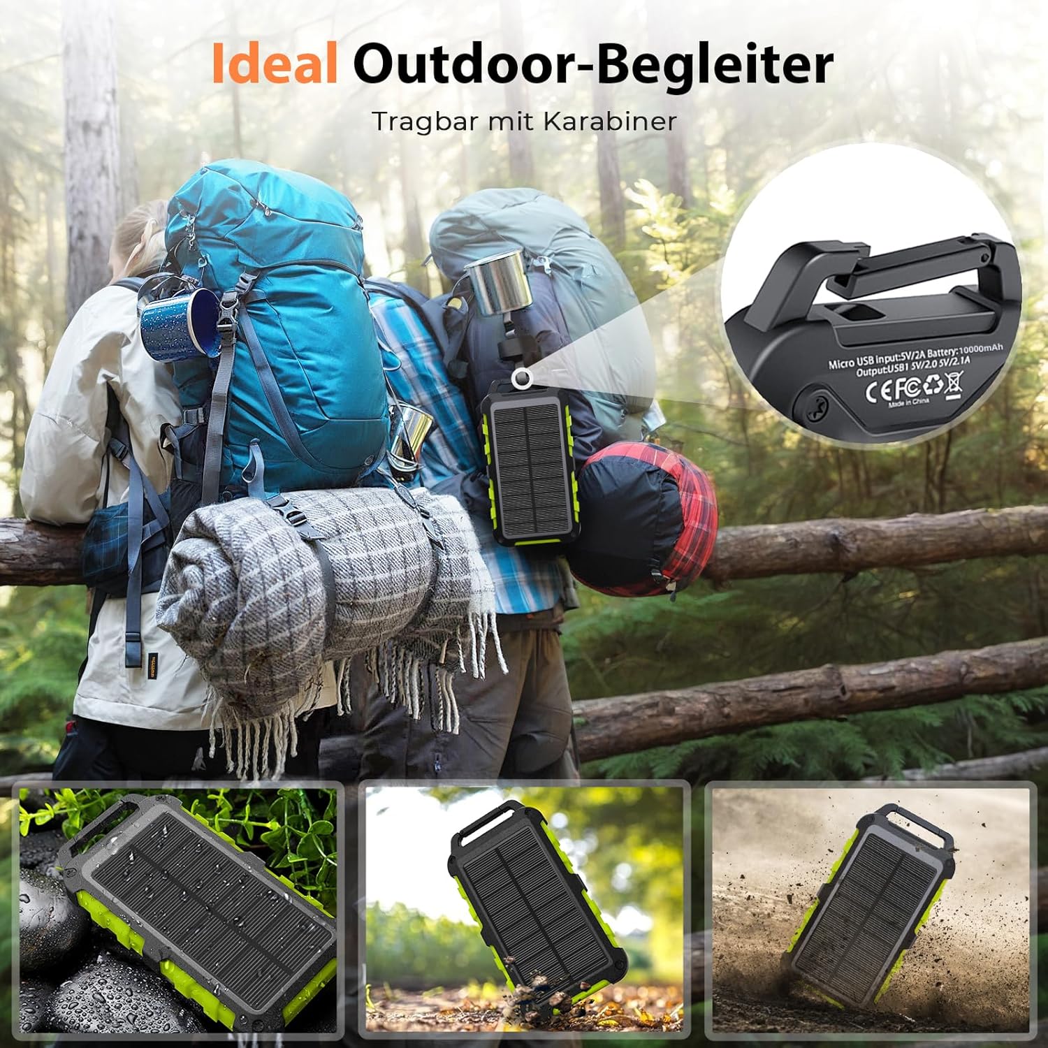 Solar Powerbank 10000 mAh, PD15W Tragbares Solar-Ladegerät USB C Externer Akku Outdoor Wasserdichts mit LED-Licht und 3 Ausgängen für Smartphones Tablets Camping, Grün – Bild 3