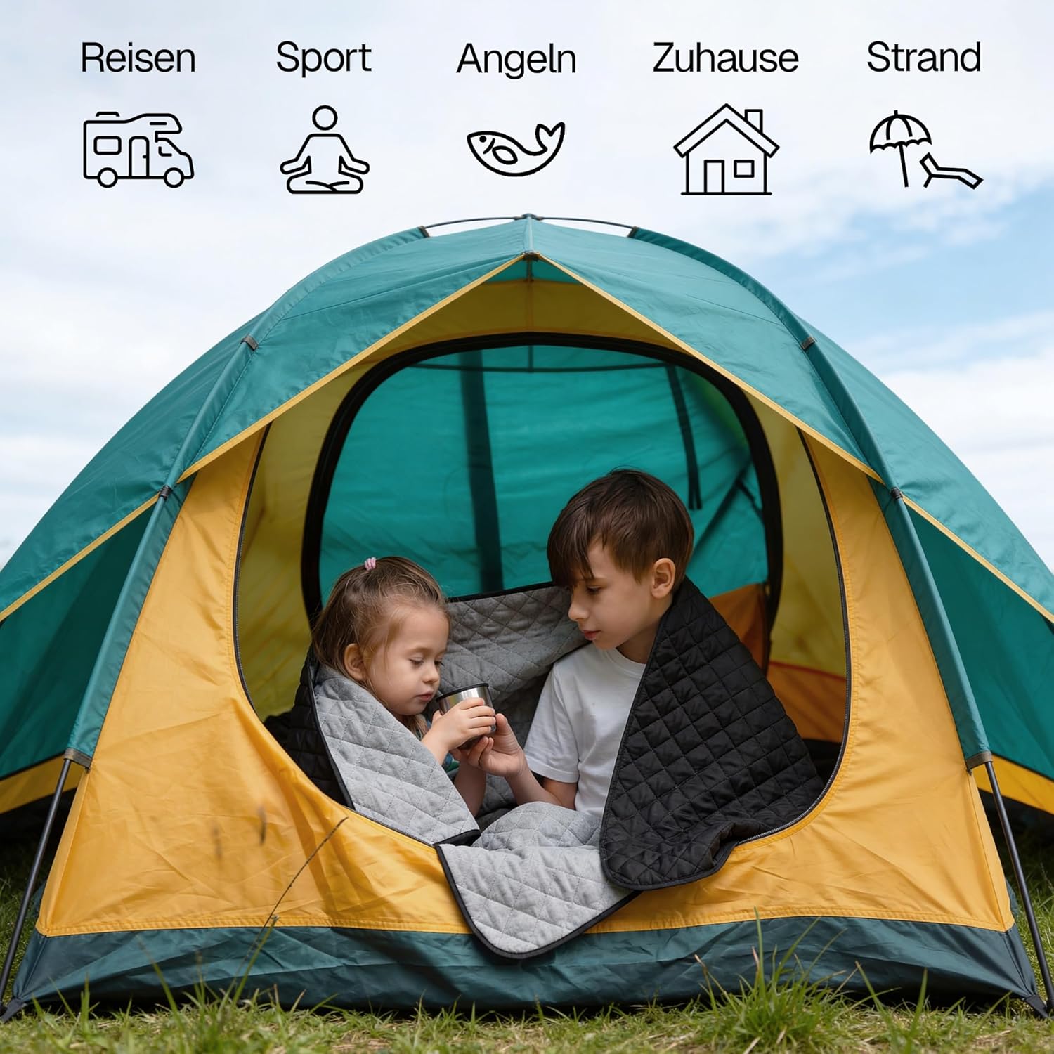 EVOCAMP Outdoor-Decke, ultraleichte warme Campingdecke, wasserabweisend, Windschutz, 200 x 140 cm, Thermodecke mit Fleecefutter, Poncho-Einlage, Stadiondecke, mit Tasche 33 x Ø 16 – Bild 7