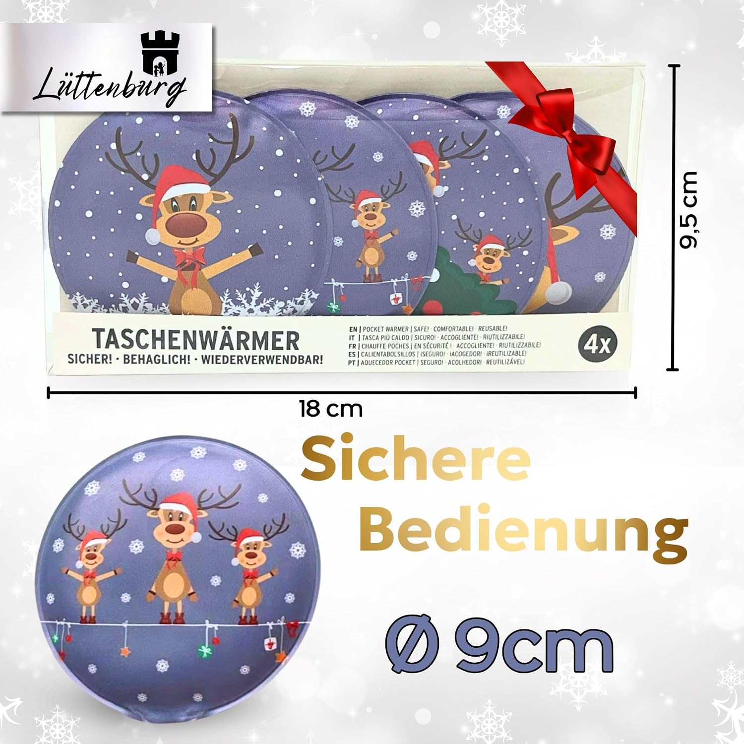 Taschenwärmer für Kinder Rentier Rudolph - Wiederverwendbarer Handwärmer rund Geschenk zu Weihnachten - Weihnachtstaschen-Heizkissen ca. 9 x 9 cm - Adventskalender mit Weihnachtsmannfüllung – Bild 2
