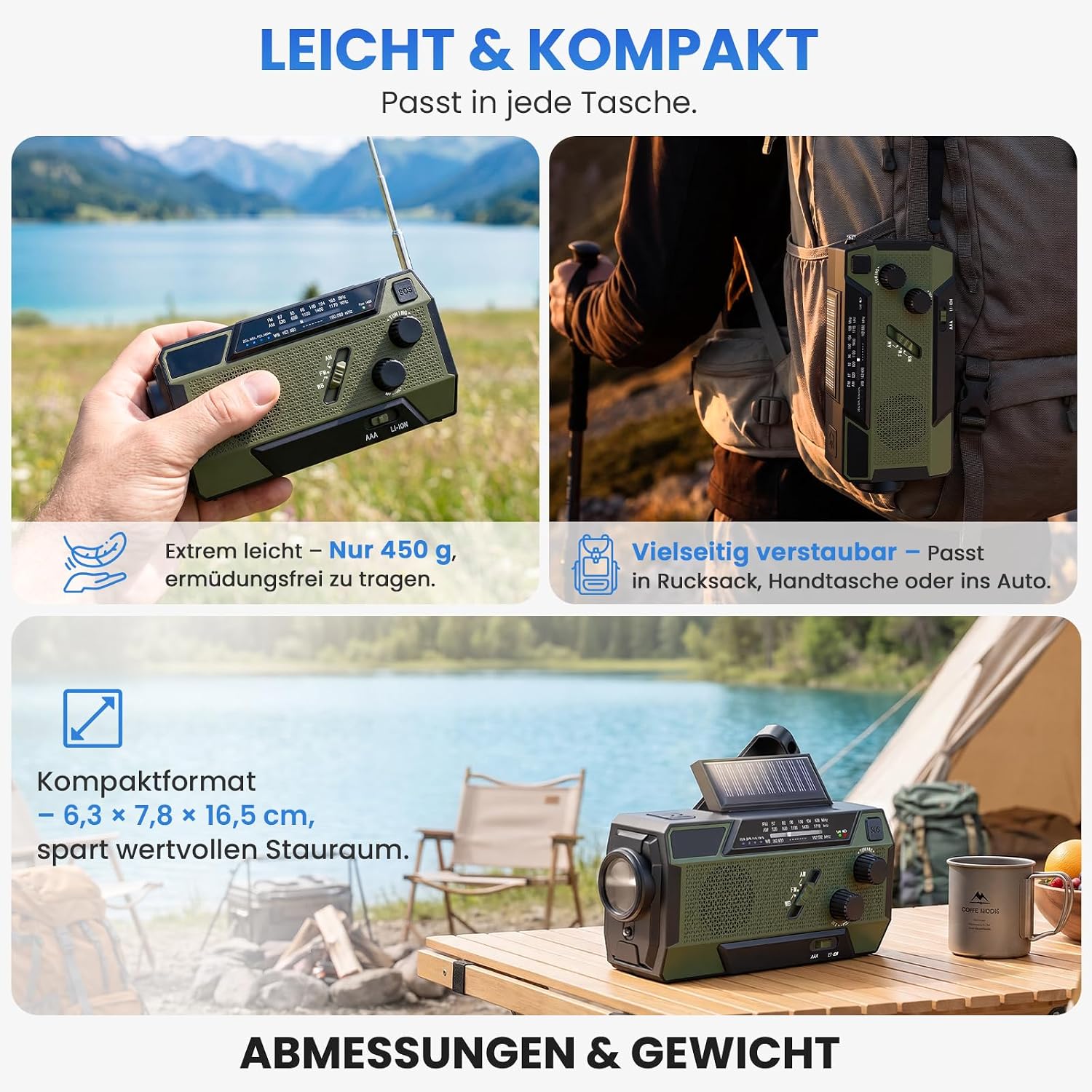 Kurbelradio, Notfallradio, 4000 mAh (14800 mWh) Akku, Powerbank mit 3 integrierten Kabeln, Radio mit Kurbel und Solar, AM/FM SOS-Alarm, Taschenlampe, Notfall-Kurbelradio für Camping, Outdoor, Stromausfall – Bild 8