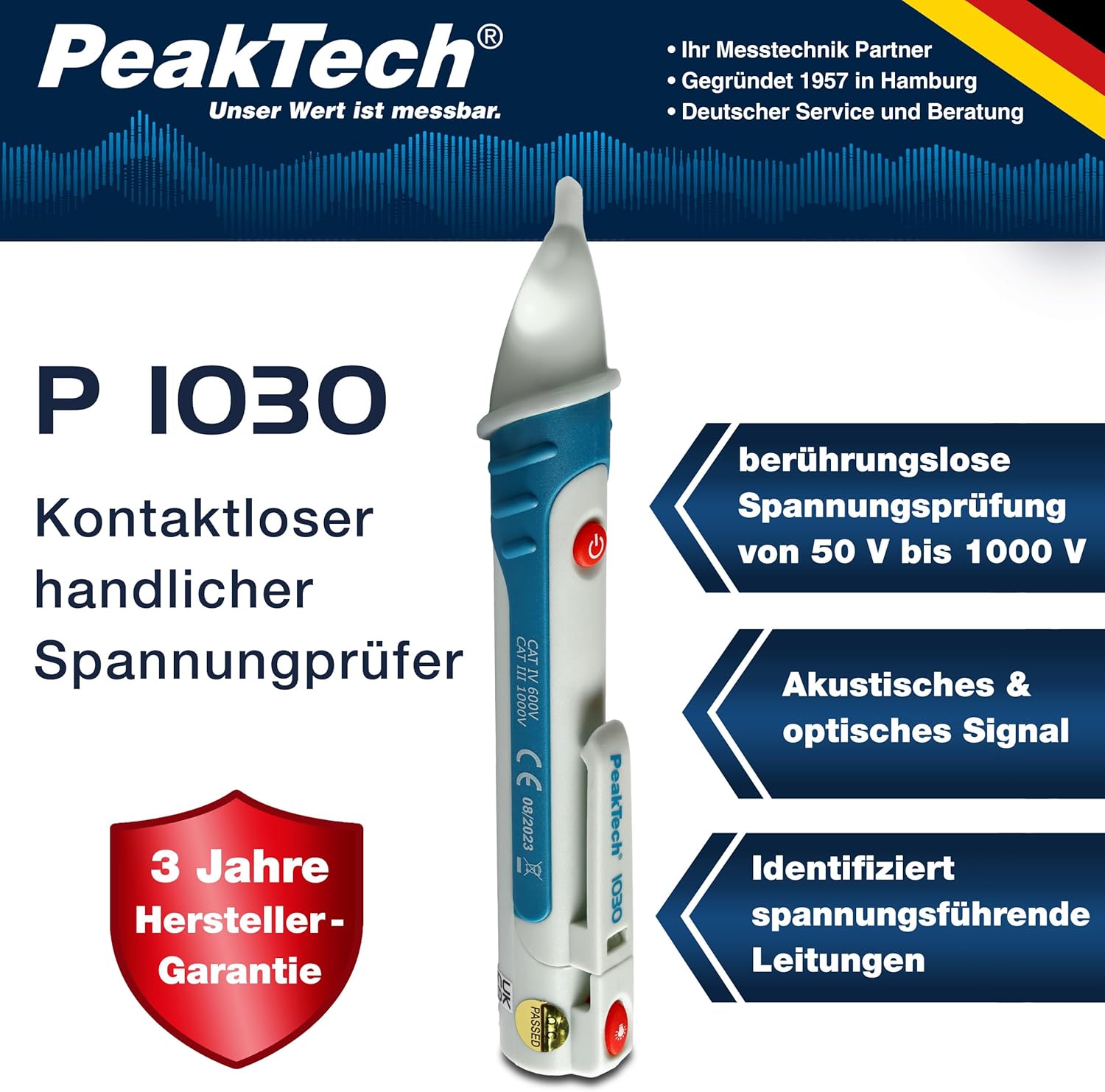 Peak Tech P 1030 – Kontaktloser Wechselspannungsprüfer mit LED-Lampe, 50 – 1000 V AC Arbeitsbereich, berührungsloser Spannungsprüfer, Prüfgerät, Stift-Handmultimeter, akustisches Signal – 157 x 26 mm – Bild 2
