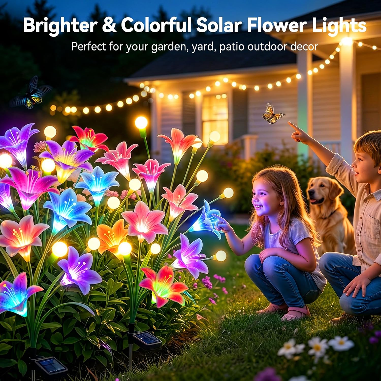 BUCASA Firefly-Solarleuchten für den Garten im Freien, 4 Stück, 36 LEDs, helle Solarleuchten für den Außenbereich mit warmweißen Glühwürmchen und farbigen Lilienblüten, verbesserte schwingende Solar-Gartenleuchten für Wege, Hof, Balkon – Bild 3