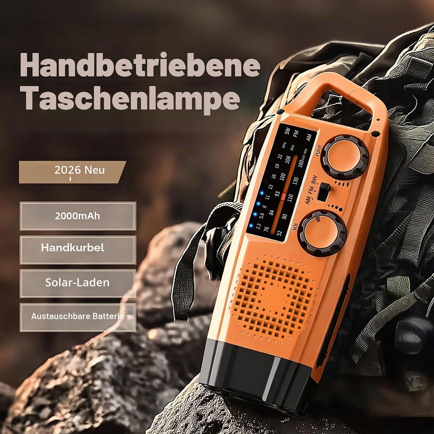 Gemmac Kurbelradio mit Solar und Powerbank, Notfallradio 2000 mAh USB AM/FM/SW Tragbares Notfallradio mit SOS-Alarm-Taschenlampe, Dynamo-Notfallausrüstung für Camping, Outdoor-Survival-Ausrüstung – Bild 2