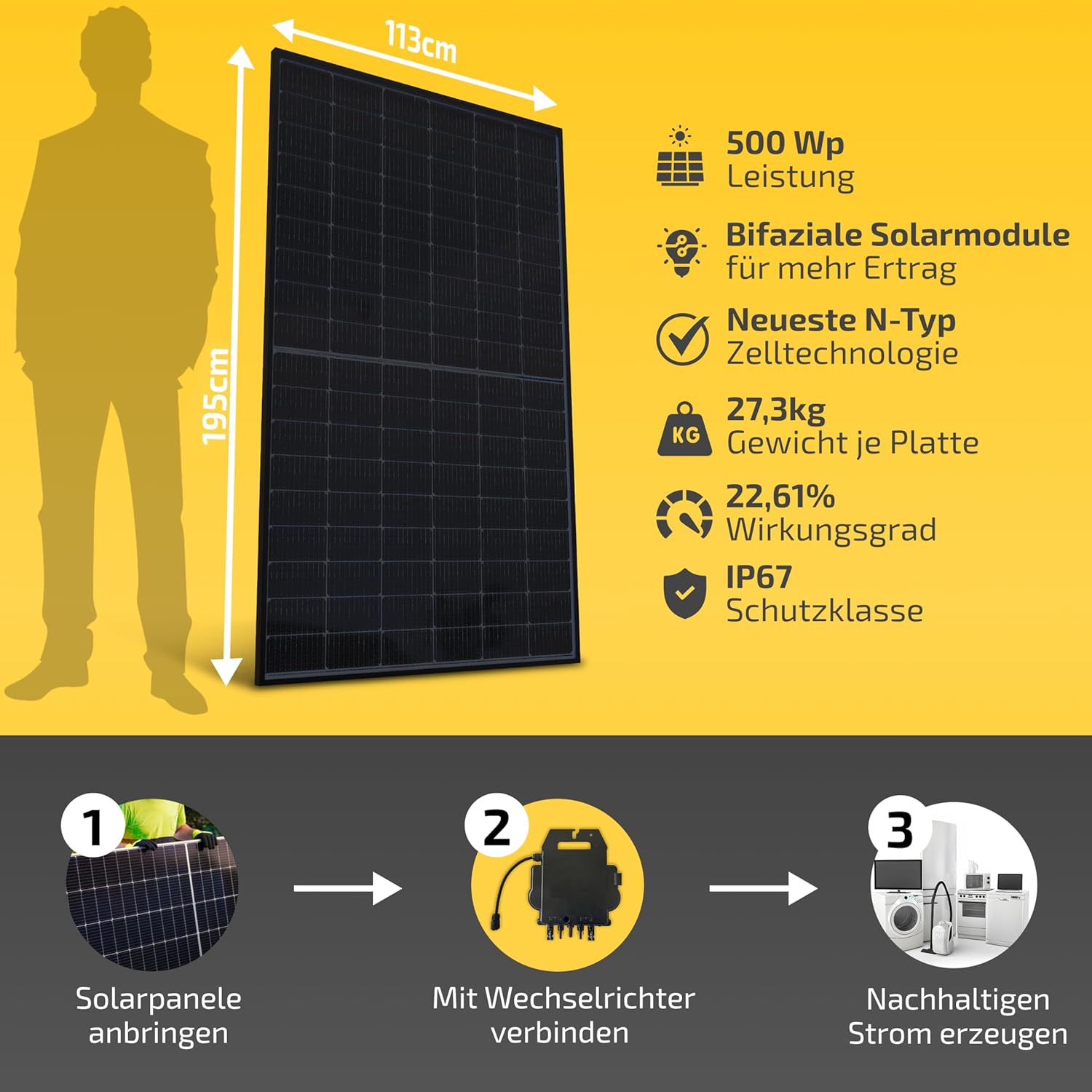 Solakon Solarpanel 500W, Bifacial Glas N-Typ Solarmodul, 40V Vollschwarze Solarmodule für Balkonkraftwerk/Solaranlage, 500W Solarpanel für Photovoltaik-Komplettanlage (2 Stück) – Bild 5