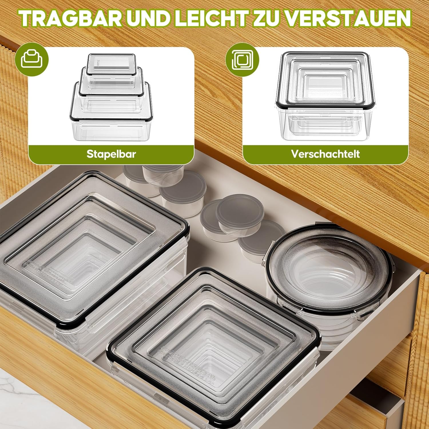 Wwtop 42 Frischhaltedosen mit Deckel, Vorratsdosen-Set (21 Behälter + 21 Deckel), Meal-Prep-Boxen, auslaufsichere Aufbewahrungsbox mit Deckel, Küche für Mikrowelle, Kühlschrank, BPA-frei – Bild 6