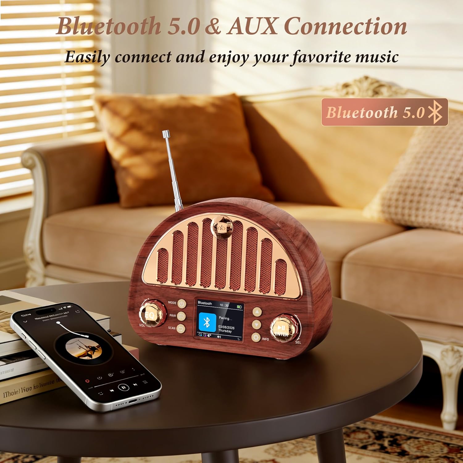 Mesqool Tragbares DAB+/UKW-Radio, Retro-Radio mit Bluetooth 5.0, Nostalgie-Radio klein mit 3000 mAh Akku und Farbdisplay, EQ-Soundeffekt, 80 Voreinstellungen, TF/AUX-Anschluss, Doppelwecker – Bild 4