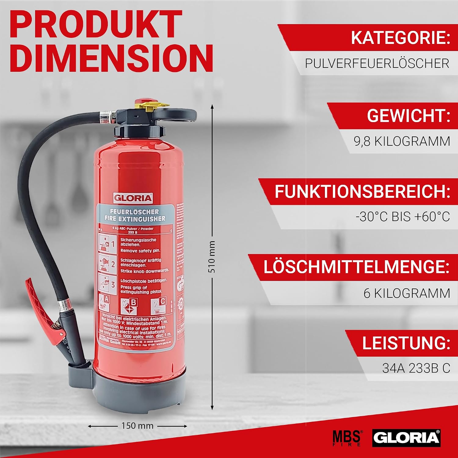 Gloria P6PRO – 6 kg Ladepulver-Feuerlöscher (ABC) mit Wandhalterung – inklusive Wartungszertifikat und aktueller Prüfplakette – Bild 3