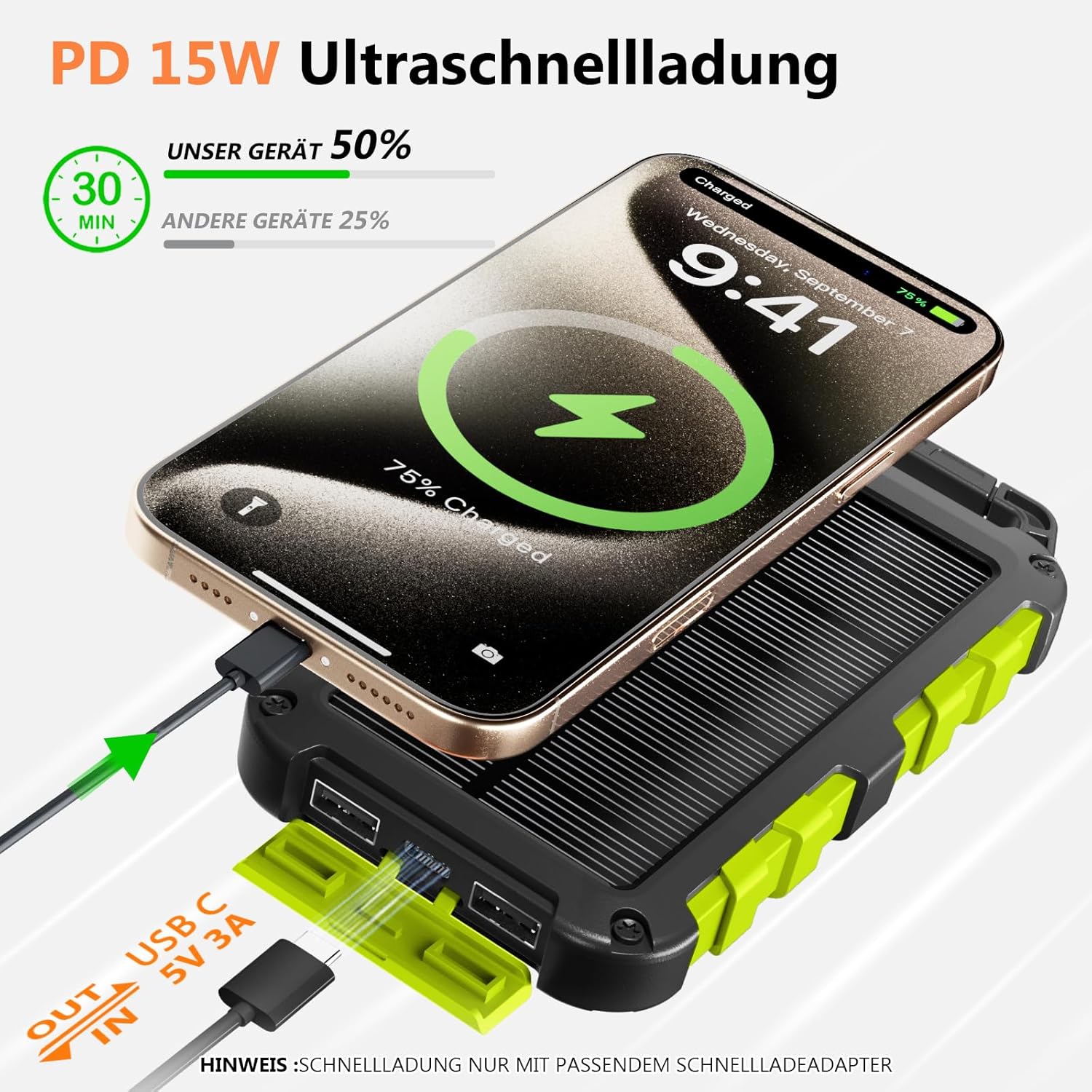 Solar Powerbank 10000 mAh, PD15W Tragbares Solar-Ladegerät USB C Externer Akku Outdoor Wasserdichts mit LED-Licht und 3 Ausgängen für Smartphones Tablets Camping, Grün – Bild 5