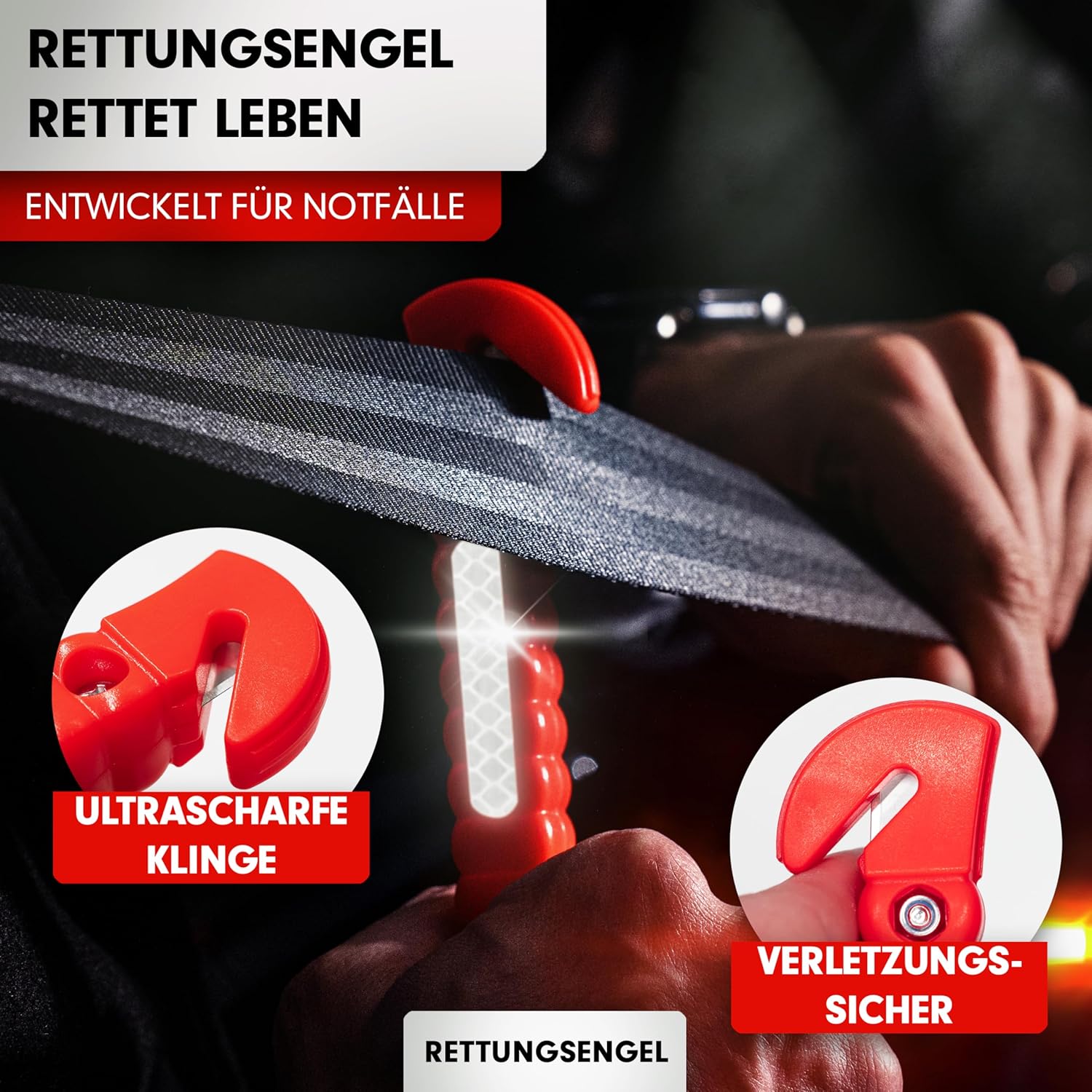 2-in-1-Nothammer mit Sicherheitsgurtschneider für das Auto (2er-Set) | Gehärtete Spitzen, Testsieger, inklusive Reflektor | Nothammer-Gürtelmesser als Rettungsgerät im Notfall für Fenster – Bild 4