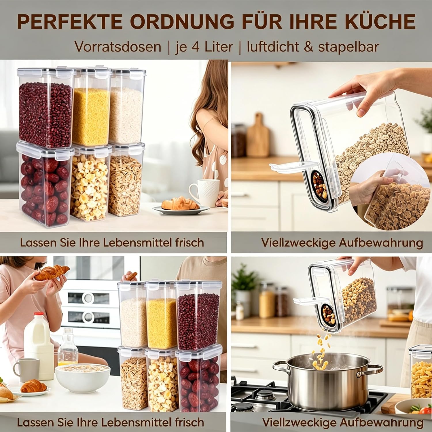 12 Müslibox mit Deckel, 4L Vorratsgläser mit Deckel, Etiketten, luftdichte Aufbewahrungsbox, Küchenaufbewahrung, Aufbewahrung für Mehl, Müsli, Reis, Katzenfutter, Hundefutter, Haustiere, Nudeln – Bild 2