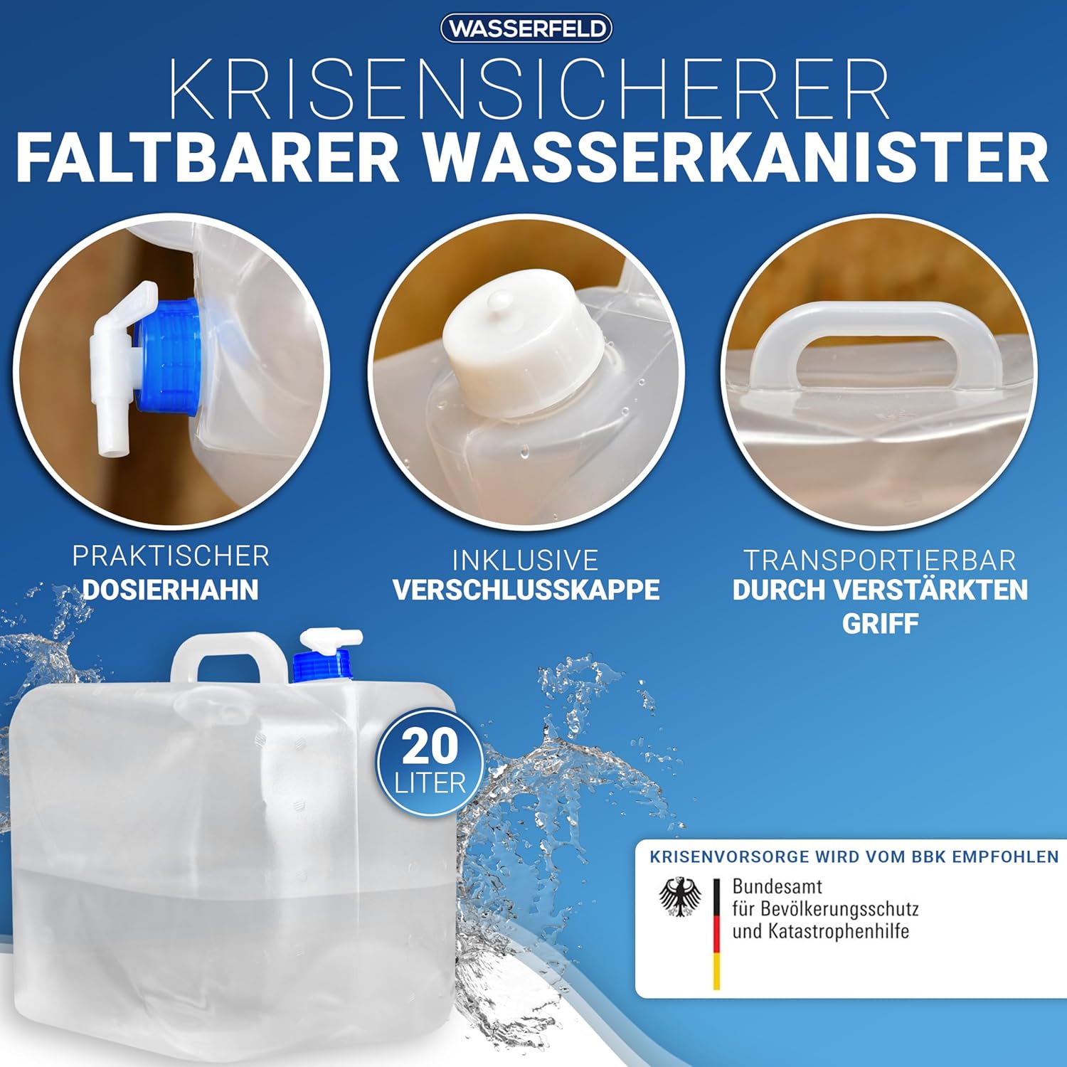WASSERFELD (10 L - 20 L Wasserkanister faltbar inkl. auslaufsicherem Dosierhahn und Tragegriff – robuster Trinkwasserkanister mit Verschlussklappe – auslaufsicherer Wasserbehälter – Bild 3