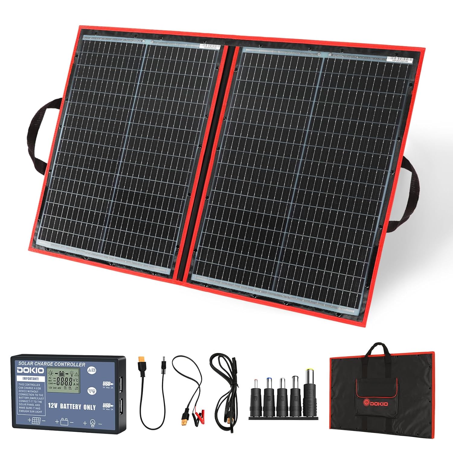 Dokio 100 Watt monokristallines Solarmodul, Solarpanel, zusammenklappbar, mit Solarregler, LCD-Display und USB-Ausgang | Mit 10 A Regler für Wohnwagen, Wohnmobil, Camping, Auto, Boot, Batterieladung