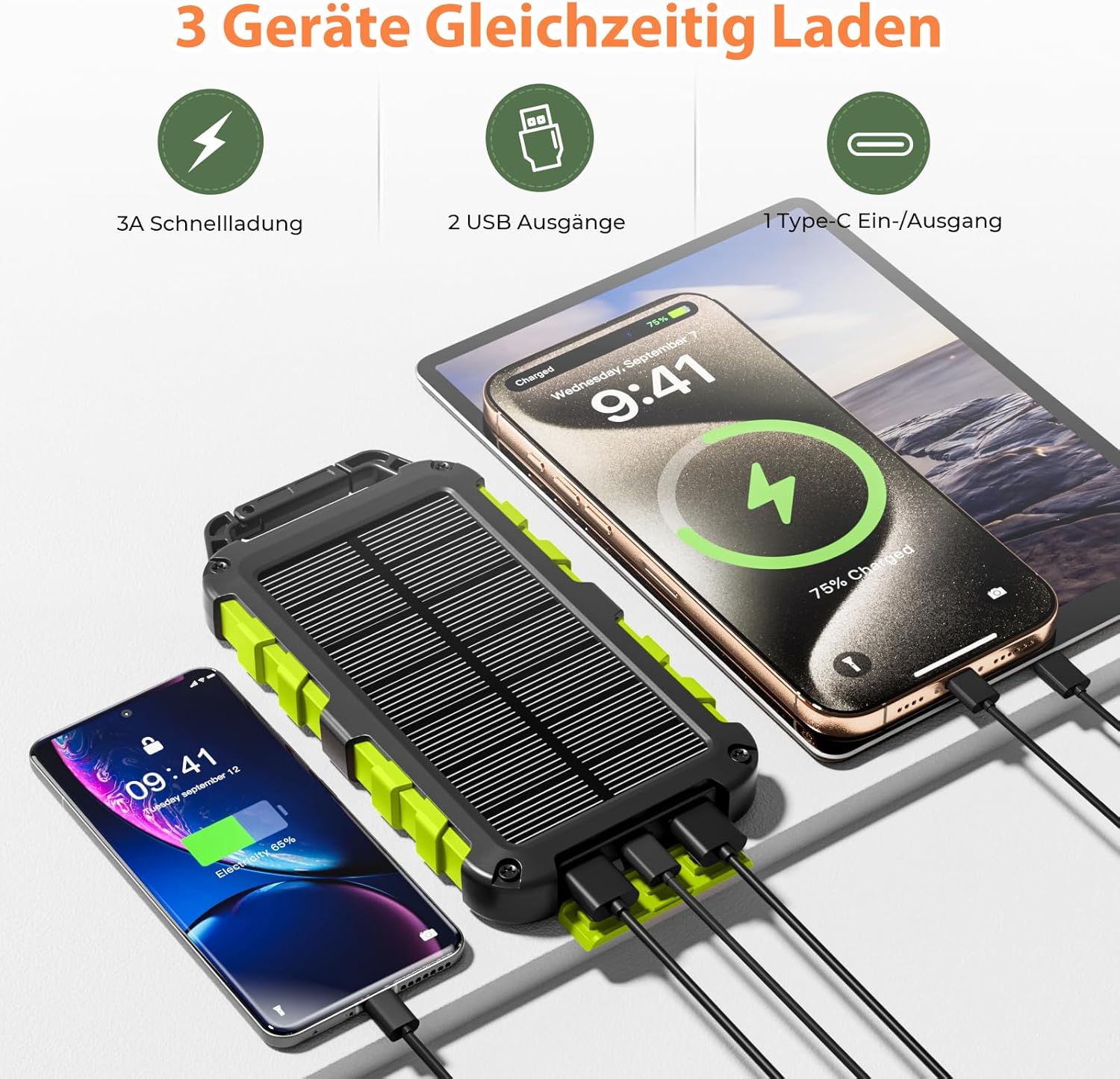 Solar Powerbank 10000 mAh, PD15W Tragbares Solar-Ladegerät USB C Externer Akku Outdoor Wasserdichts mit LED-Licht und 3 Ausgängen für Smartphones Tablets Camping, Grün – Bild 2