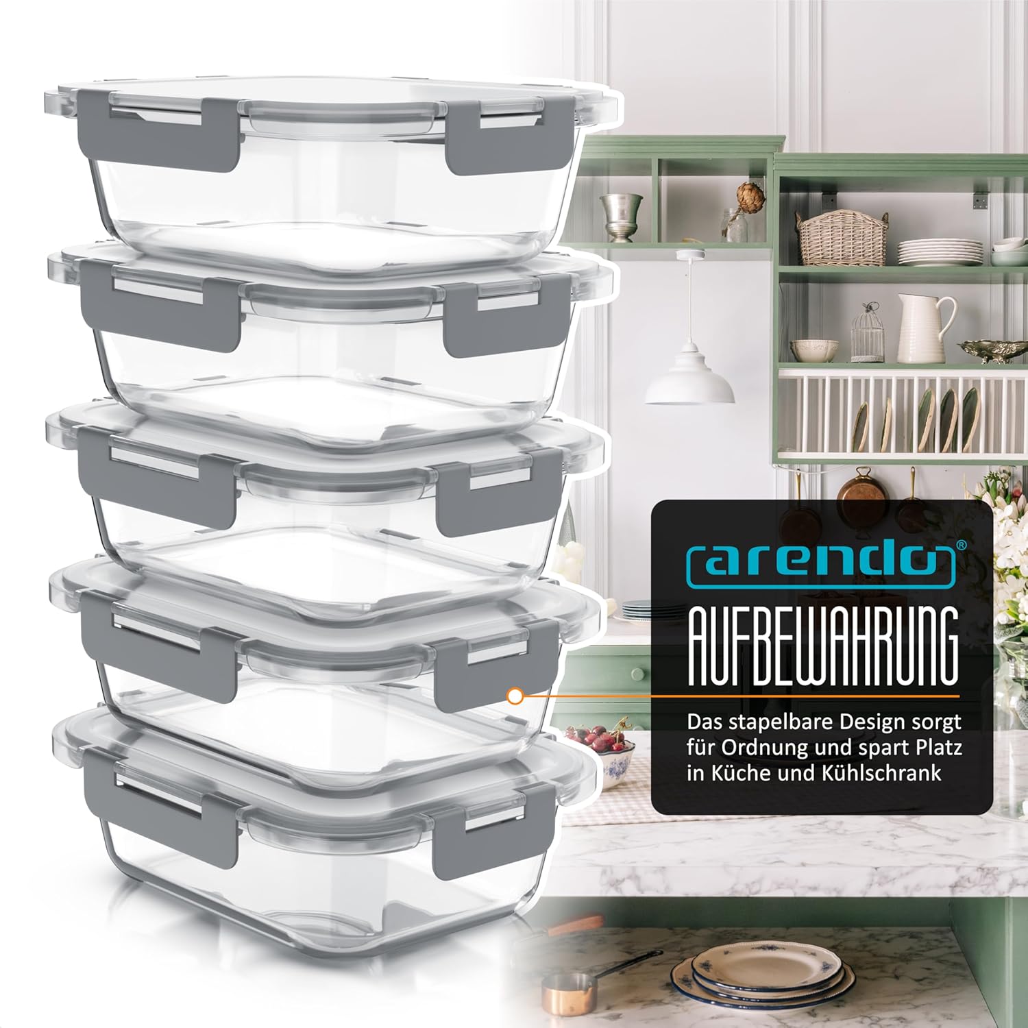 Arendo – Frischhaltedosen aus Glas für Lebensmittel mit luftdichtem Deckel – 5er-Set – 1000 ml – für Mikrowelle, Backofen, Gefrierschrank – spülmaschinenfest – Lunchboxen, Meal-Prep-Boxen-Set – Bild 6