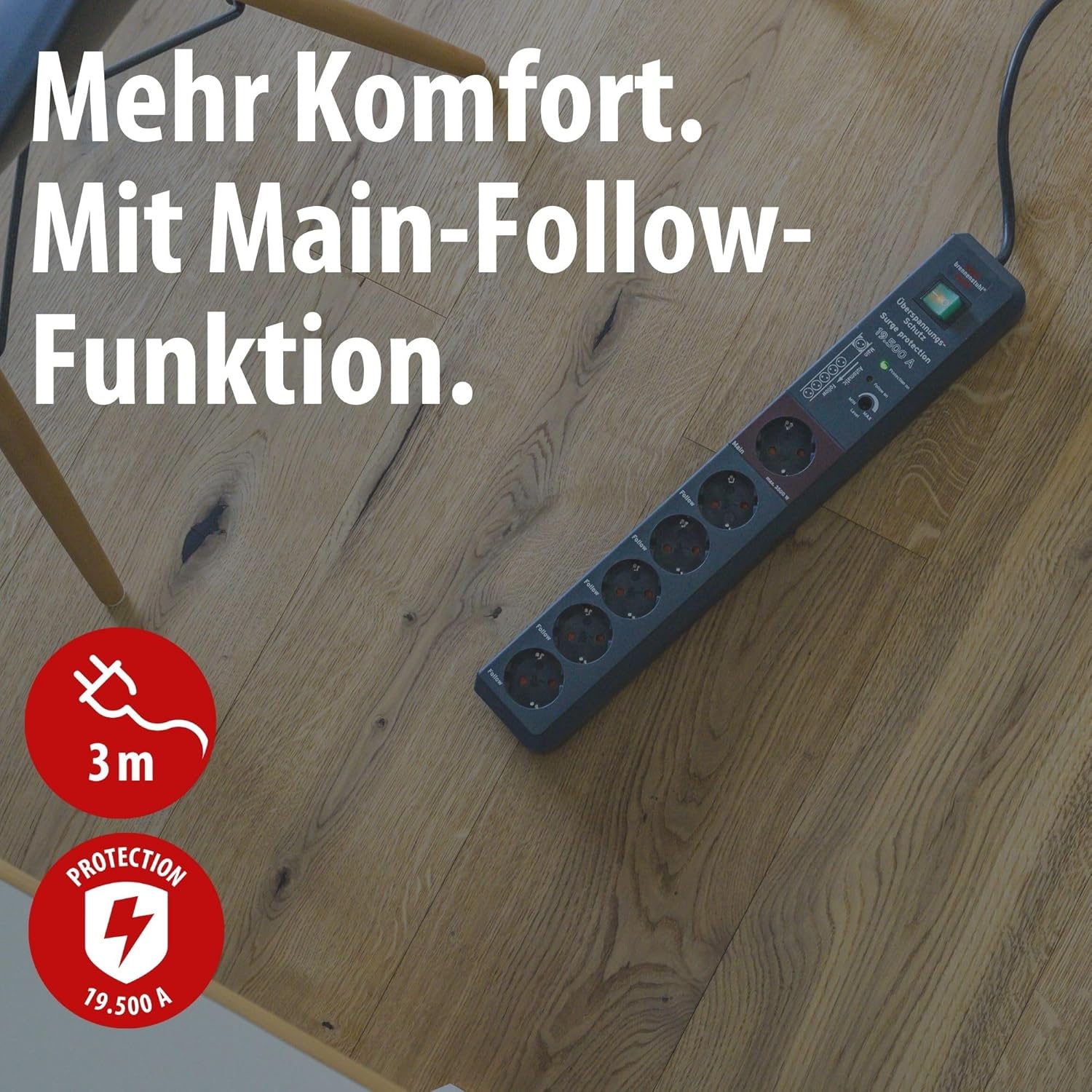 Brennenstuhl Secure-Tec Steckdosenleiste mit Überspannungsschutz und Master/Slave-Funktion (3 m Kabel und Schalter) Farbe: Anthrazit, Grau, 1159490966 | Hauptfolgefunktion, Mehrfachsteckdose mit Schalter und 3 m Kabel, anthrazit – Bild 2