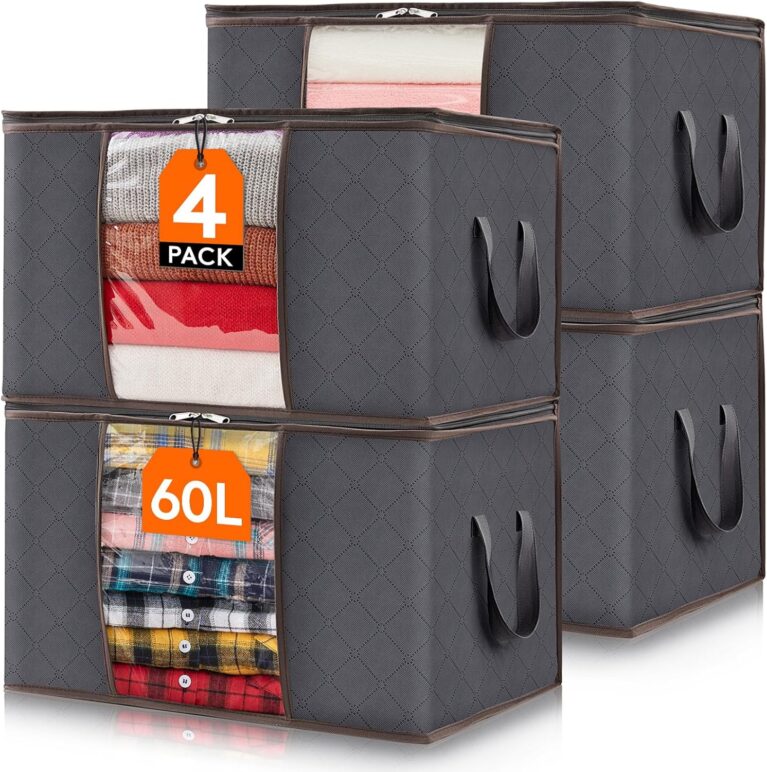 Lifewit 4 Stück Aufbewahrungstaschen, Aufbewahrungsboxen mit Deckel, Kleiderschrank-Organizer, faltbare Kleideraufbewahrung, Umzugskartons mit verstärktem Griff für Bettdecken, Kleidung, Decken, Grau, 60 l