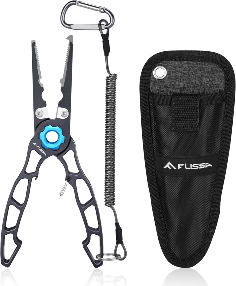 FLISSA Multifunktionale Angelzange, leichte Multi-Angelzange, Backen aus Titanlegierung mit Hakenentferner, Sicherheitsschloss, Aluminiumgriff, scharfe Schneidklingen, Trageband und Tragetasche, zum Angeln