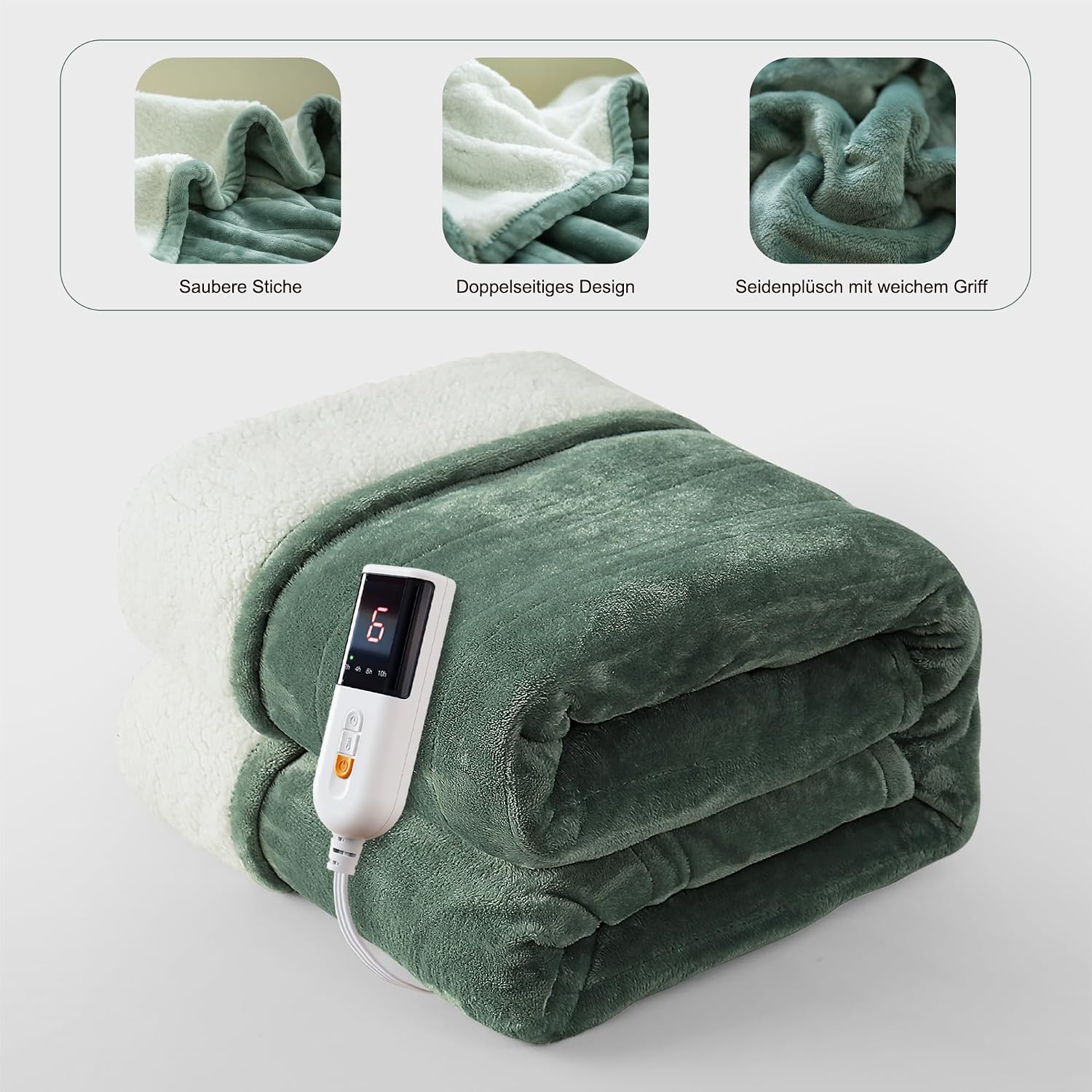 GOTCOZY Heizdecke 130 x 180 cm – weiche, seidige Plüsch-Heizdecke, Heizdecke, 9 Heizstufen und 10 Stunden Auto-Off-Timer, Überhitzungsschutz, Kuscheldecke für Bett und Büro, waschbar (grün) – Bild 2