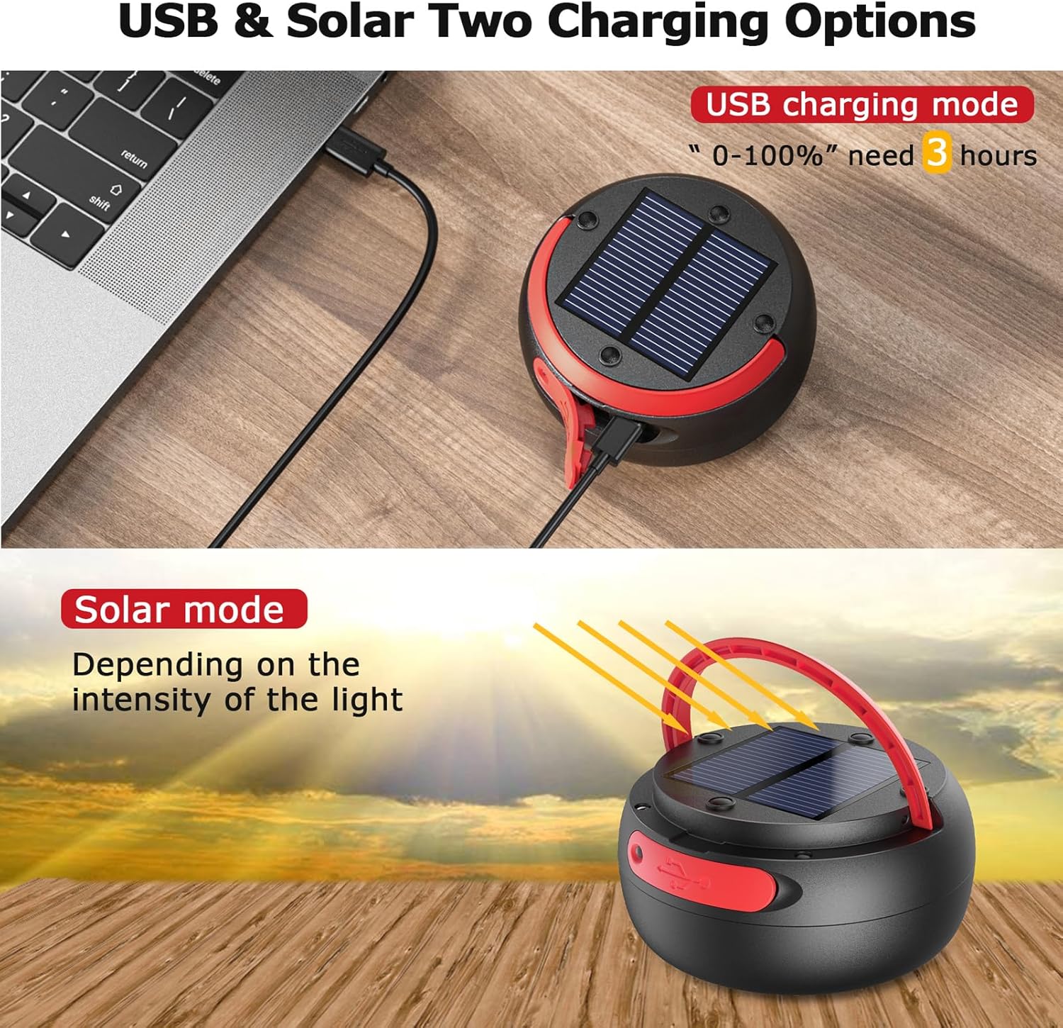 GlobaLink LED-Campinglampe, faltbare Solar-Campinglaterne, Energiebank mit 2 Lademethoden (Solar/USB C) und 3 Lichtmodi für Camping, Angeln, Notfall, inklusive Survival-Armband mit Pfeife (rot) – Bild 5