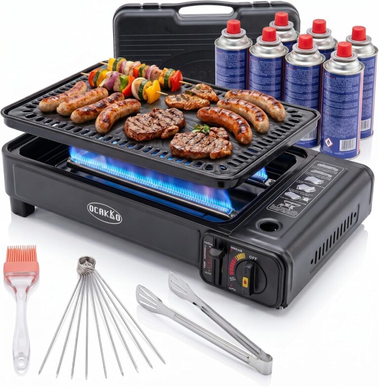 Gasgrill Camping mit 8 Kartuschen Grillplatte Grillrost + Schaschlikspieße | Mit 4 oder 8 Gaskartuschen, tragbarer Gaskochergrill mit Koffer